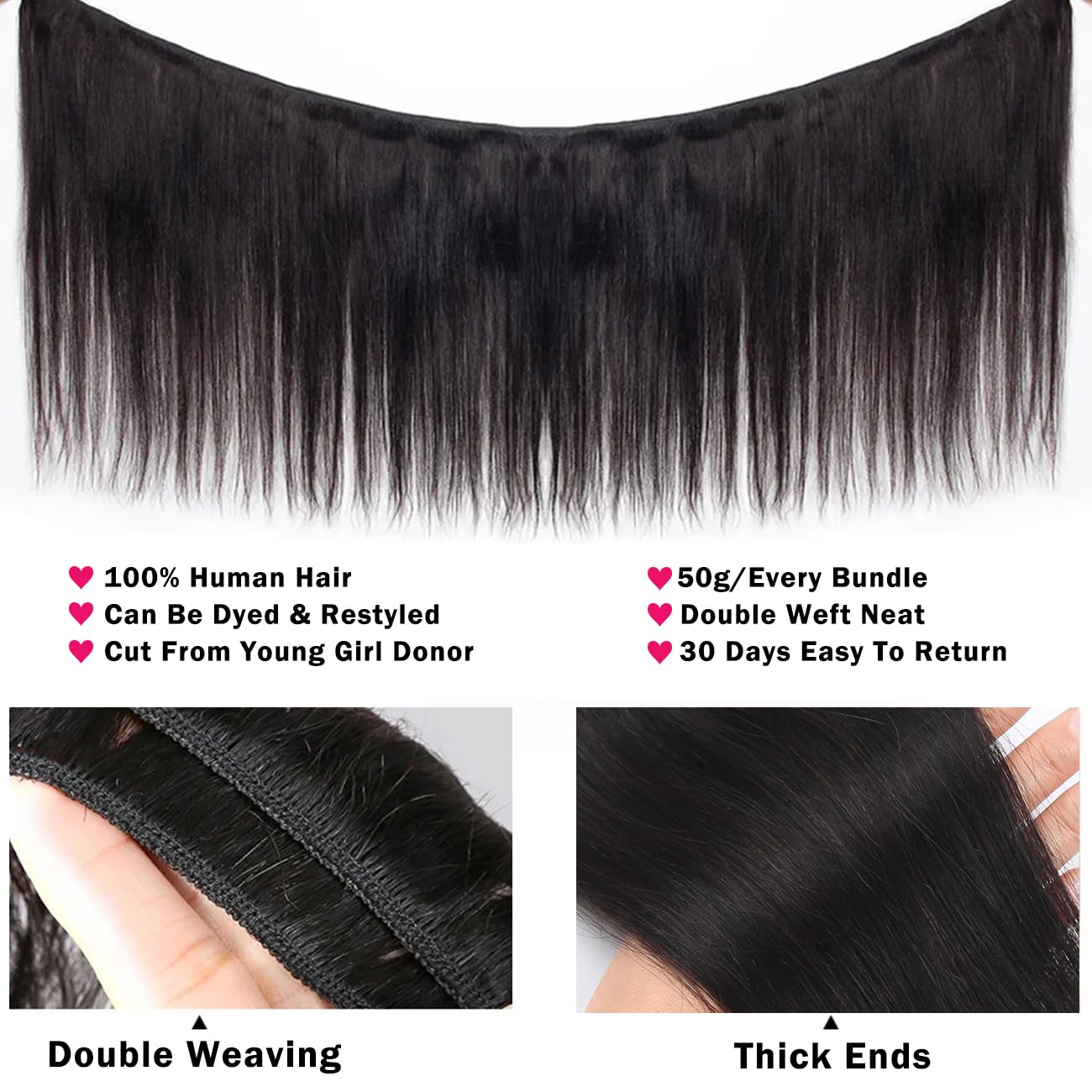 Afrodiva Straight 3 Bundles Human Hair 16 18 20 Inch 100% Unpro cessed Brazilian Virgin Human Hair Bundles Double Weft Weave Bundles Straight Hair 70g/Bundle Hair Natural Color