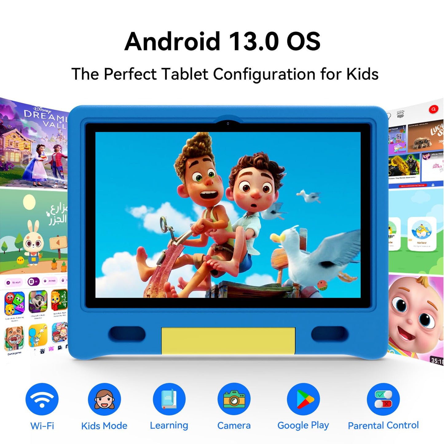 ApoloMedia Kids Tablet 10 inch, Tablets for Kids Ages 3-7 with EVA Case, 32GB Storage(TF Expand 512GB), Pre-Installed Google Kids Space, Family Link, Child Education Contents, 5000mAh Battery - Blue