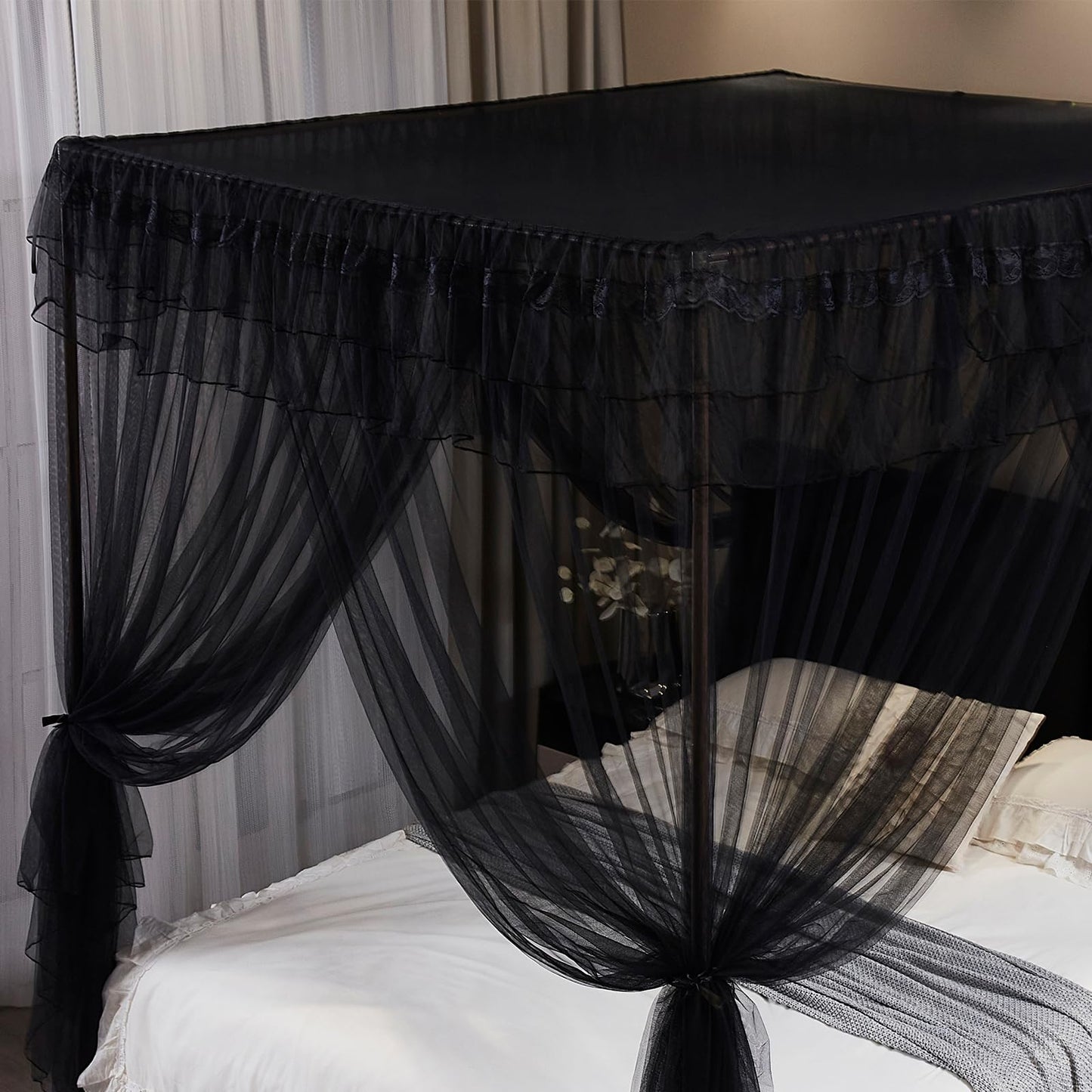 Kertnic Black Canopy Bed Curtains for Girls & Adults, Queen King Bed Canopy Drapes Netting, Practical Mosquito Net for Bed (Queen-64 W*78" L*82"*H)