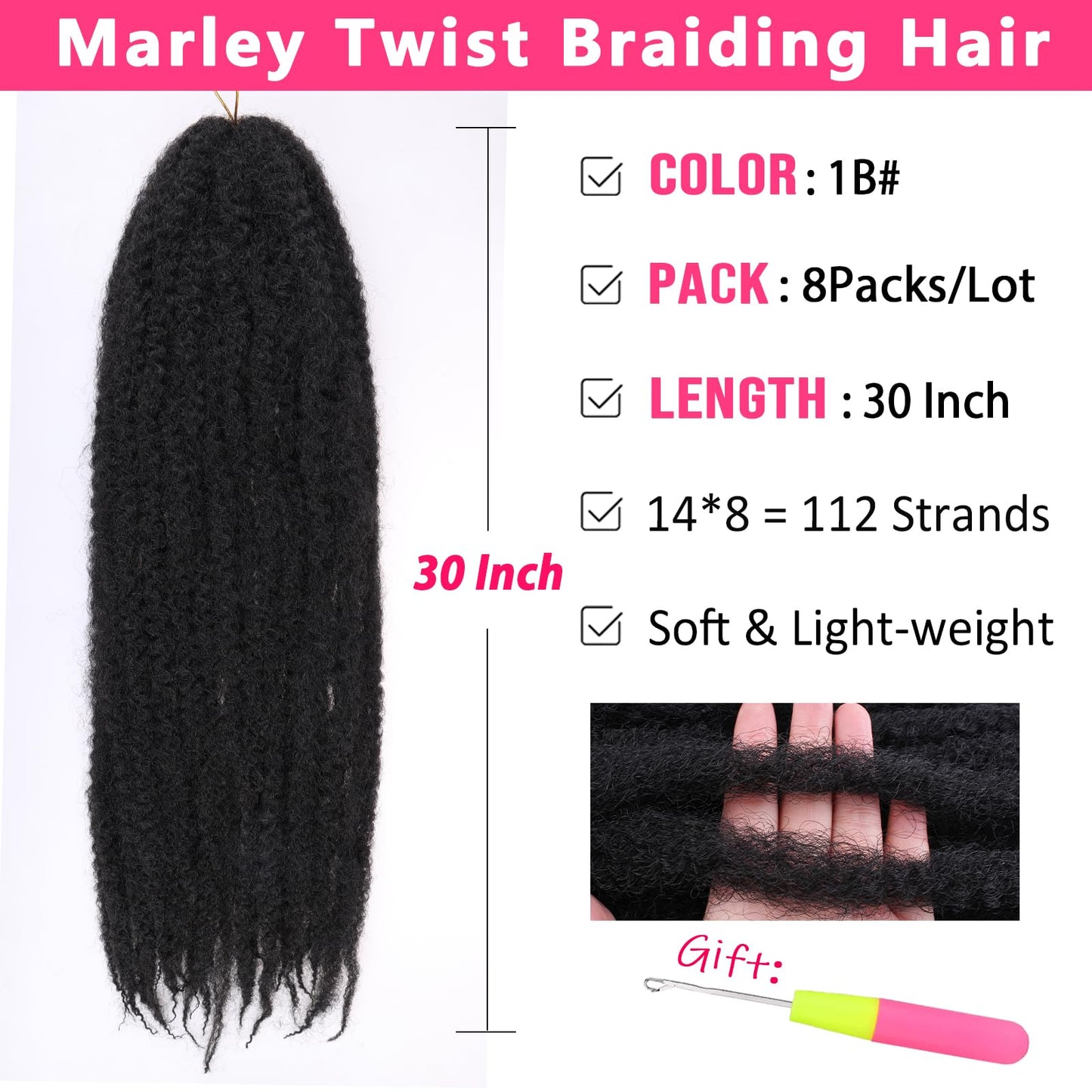 RuiYok 30 Inch Marley Twist Braiding Hair 8 Packs Pre-Separated Marley Hair Crochet Braids Black Long Springy Afro Kinky Twist Hair for Crochet Locs Hair Havana Twist Braiding Hair Extensions 1B#