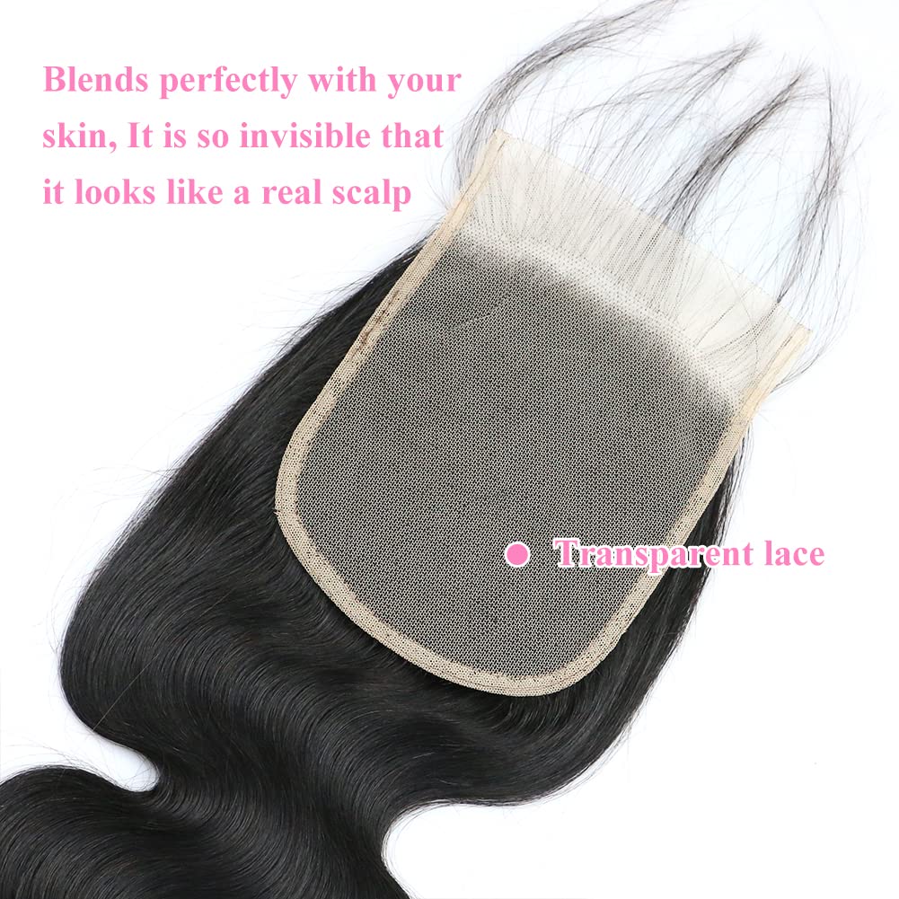 5x5 Transparent HD Lace Closure Only Body Wave Hair Closure Invisible Lace Closure 12A Brazilian Virgin Remy Human Hair Frontal Closure 100% Human Hair Extensions Pre Plucked Natural Black 22 Inch