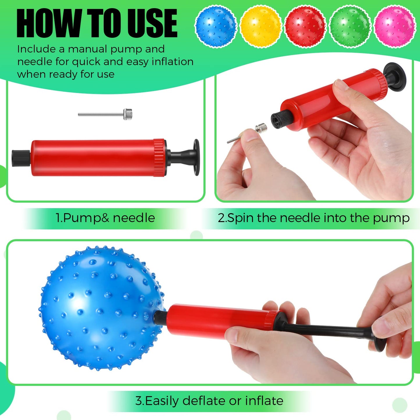 64 Pieces 6.3 Inch Knobby Balls for Kids Sensory Balls with Air Pump Small Inflatable Bouncy Soft Spiky Toddler Bounce Party Favors Summer Beach Pool Baby Massage Stress Play Set, 5 Colors