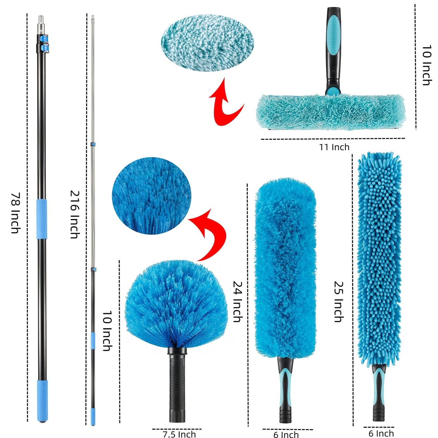 Hicavar 25 Foot High Ceiling Fan Duster with 6-18ft Extension Pole, Extendable Reusable Cobweb, Feather, Window Cleaning Squeegee Kit