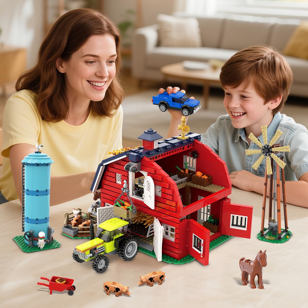 INSOON Western Farm Barn House Building Set with Lights, Newly Enhanced with Reinforced Structure, 1419 PCS Red Barn Building Toy with Animals Horse Tractor Windmill, Gift for Adults Boys Girls 10+