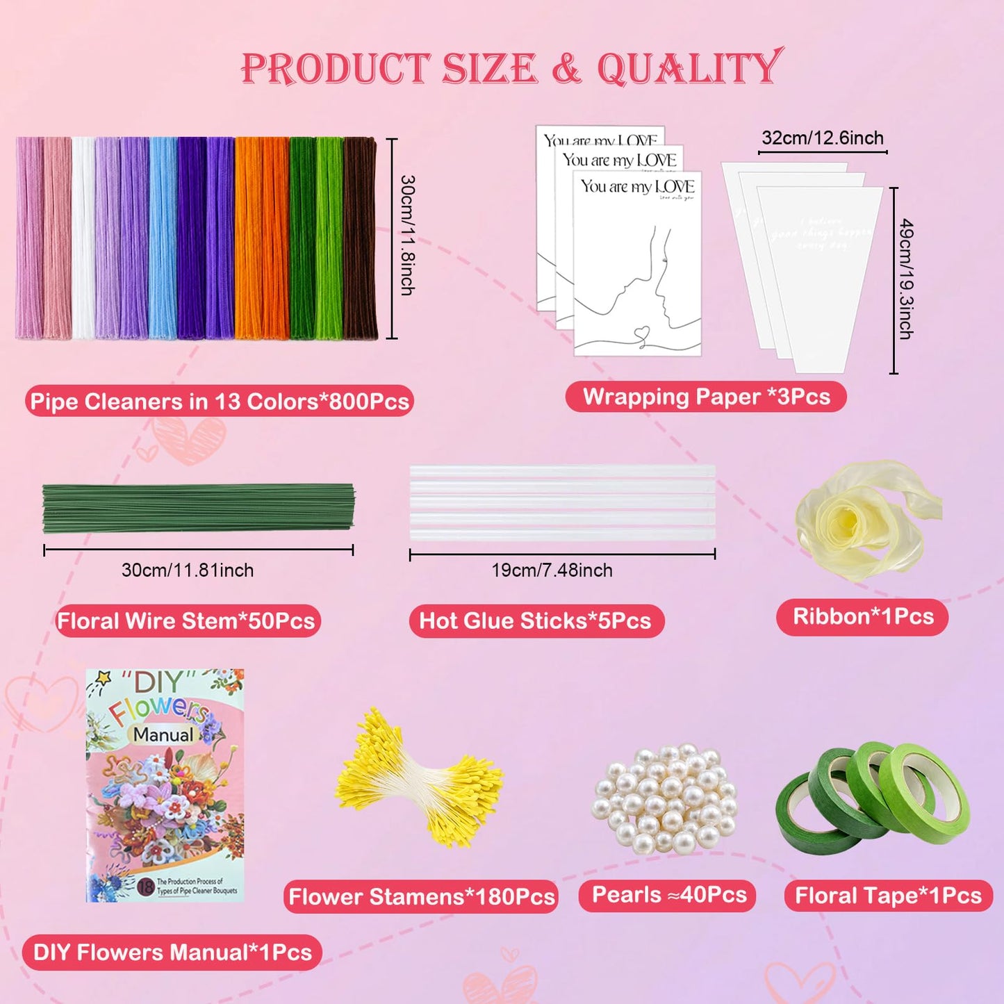 800 PCS Pipe Cleaner Flower Kit, DIY Pipe Cleaners Bulk Craft Bouquet Making Kit with 13 Colors Chenille Stems, Floral Wires, Stamen, Ribbon, Instruction, Art and Craft Supplies