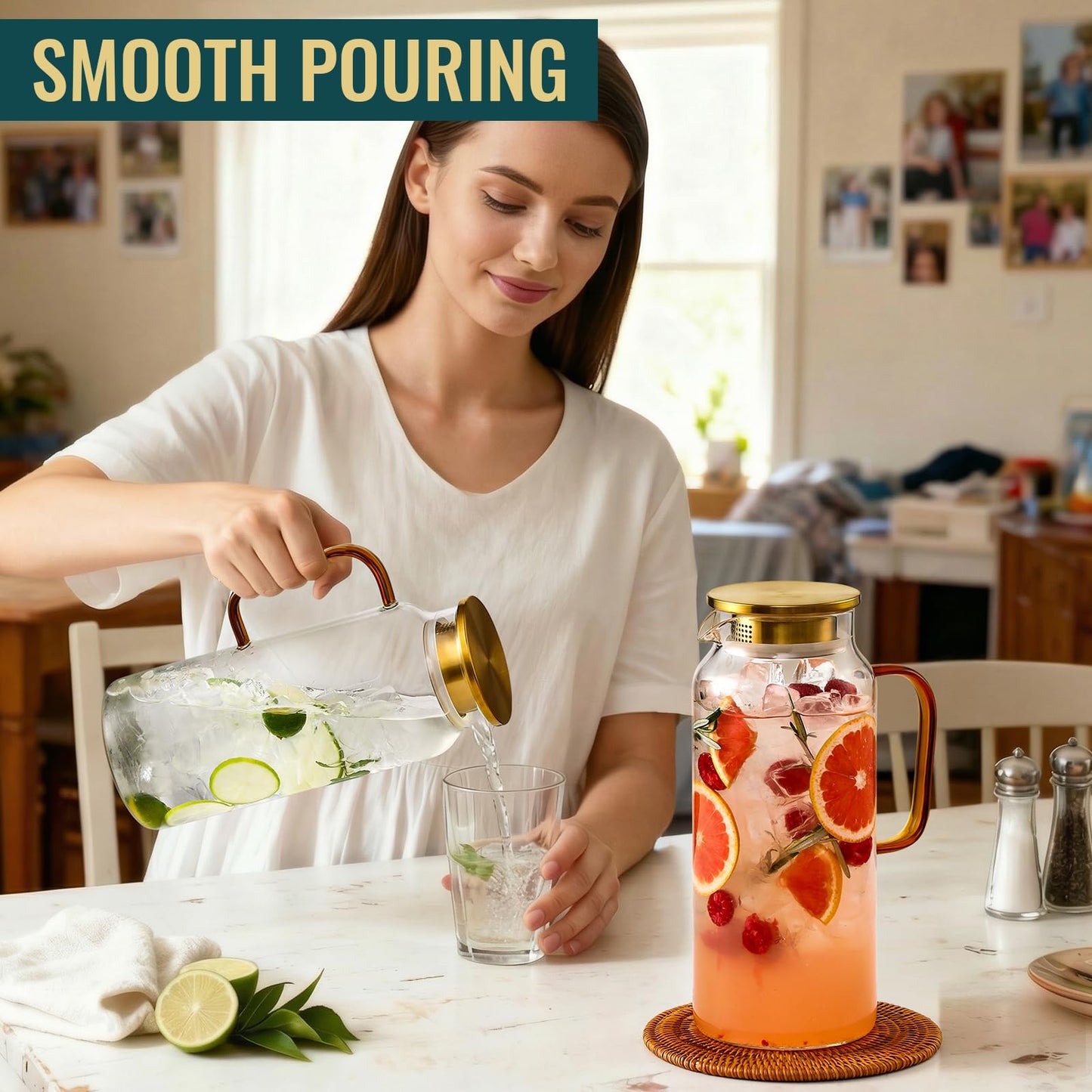 4 Pack 2 Liter/68 oz Glass Pitcher with Lid, Water Pitchers with Handle for Fridge, Large Jug for Iced Tea, Coffee, Borosilicate Glass Carafe for Hot/Cold Brew Drink and Homemade Beverage, Gold