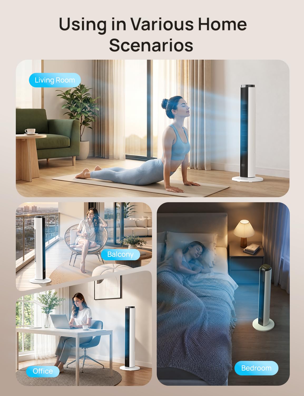 ZAFRO Tower Fan for Bedroom, 37'' Cooling Fans with 4 Modes 6 Speeds, 26 ft/s Velocity, 28dB Quiet for Sleep, LED Touchpad & 12H Timer, 90° Oscillating Floor Fans that Blow Cold Air, Black+White