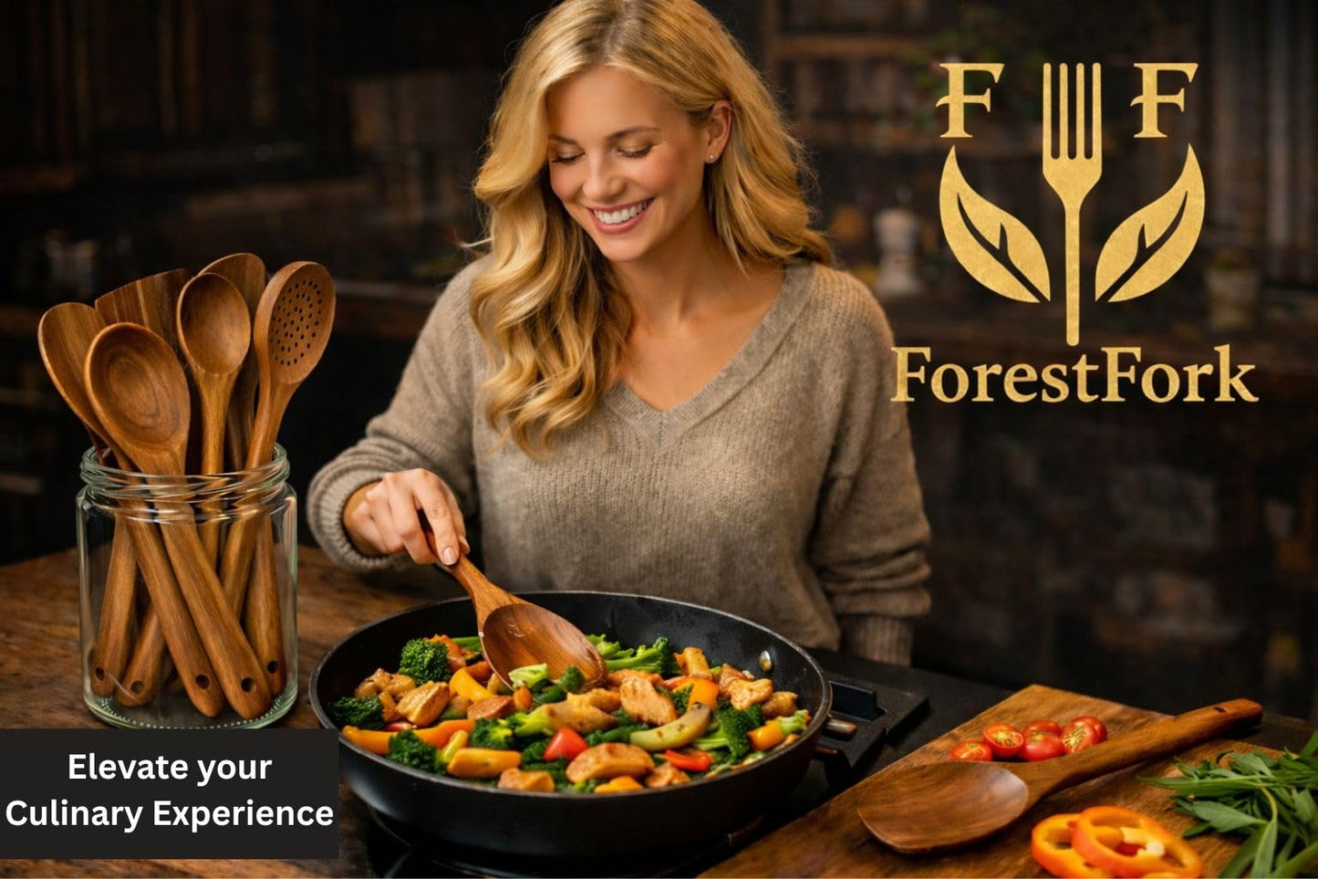Wooden Kitchen Utensil Set, 9-Piece Teak Wood Cooking Spoons-Heat-Resistant, Non-Scratch, Durable Kitchen Tools, Perfect Cooking Gift