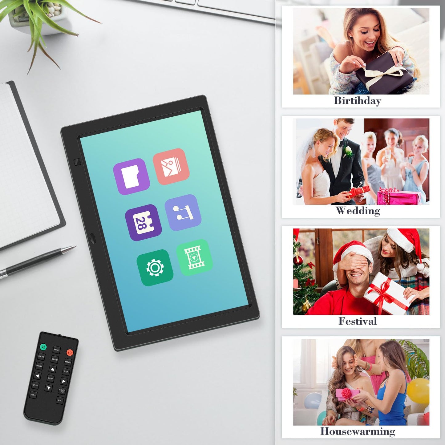 10.1 Inch Digital Picture Frame with 32GB USB Flash Drive, KECAG 1920x1080 HD IPS Screen Digital Photo Frame, Motion Sensor, Video, Music, Share Moments via SD Card or USB, with Remote Control