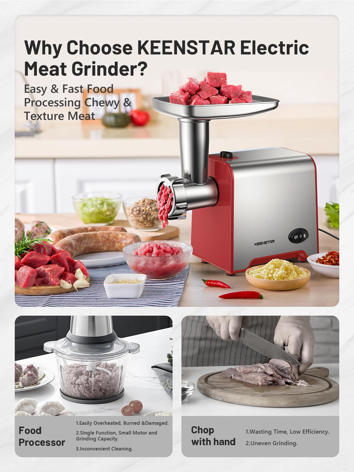 KEENSTAR Electric Meat Grinder, Sausage Stuffer Maker 450W Food Grinder with Blade & 3 Plates, Sausage Stuffer Tubes & Kubbe Kit, Stainless Steel Meat Mincer Machine for Home Kitchen Use (Red)