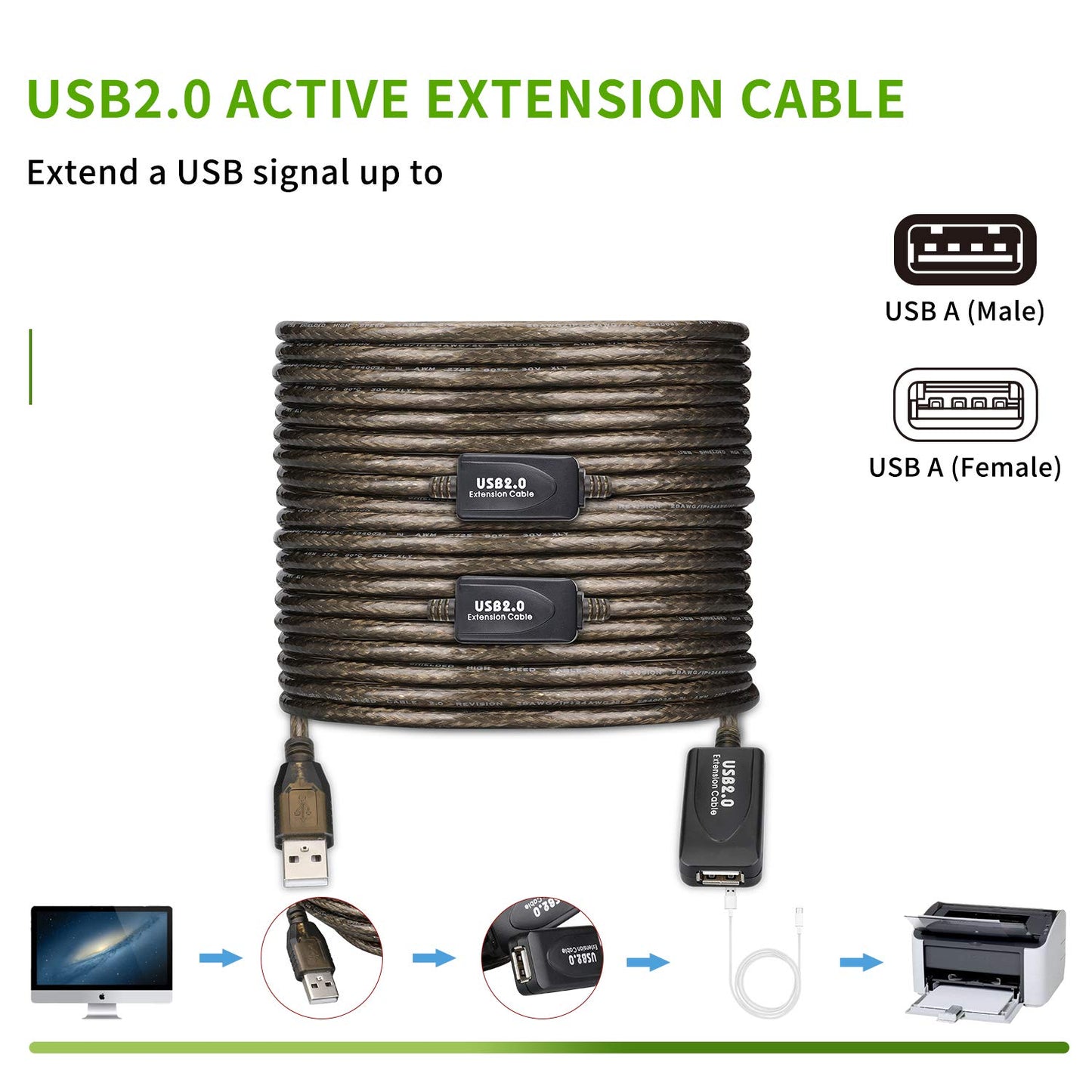 LDKCOK USB 2.0 Type A Male to A Female Active Repeater Extension Cable 100ft, High Speed 480 Mbps