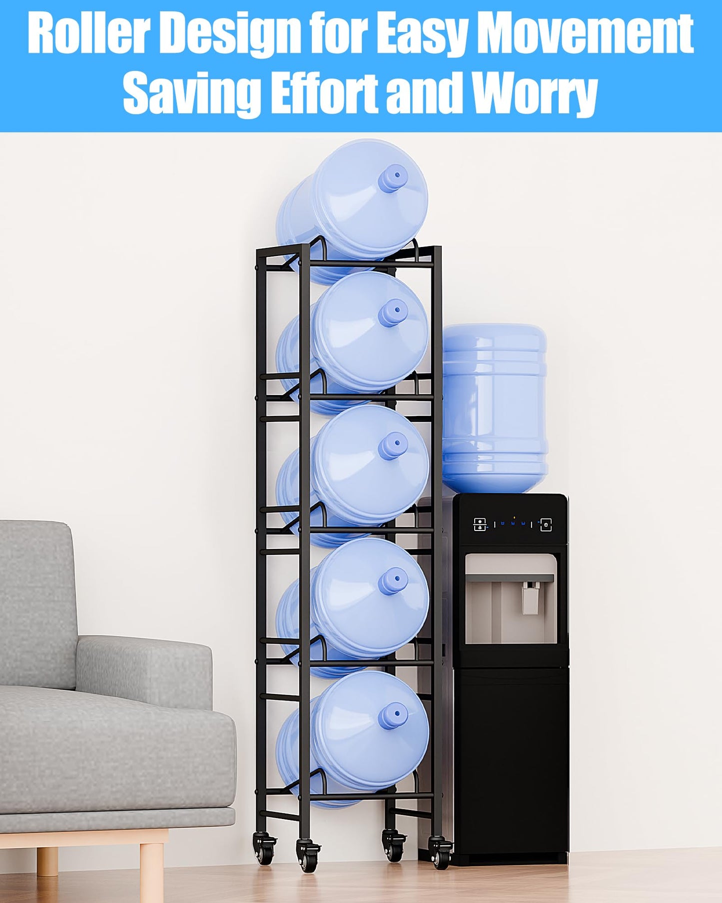 Vorshape 5 Gallon Water Jug Holder, Movable 5 Tier Heavy Duty Water Rack with 4 Wheels, Rack for Water Jug Storage, Space Saving Water Stand for Five 5 Gallon Water Jugs, Black