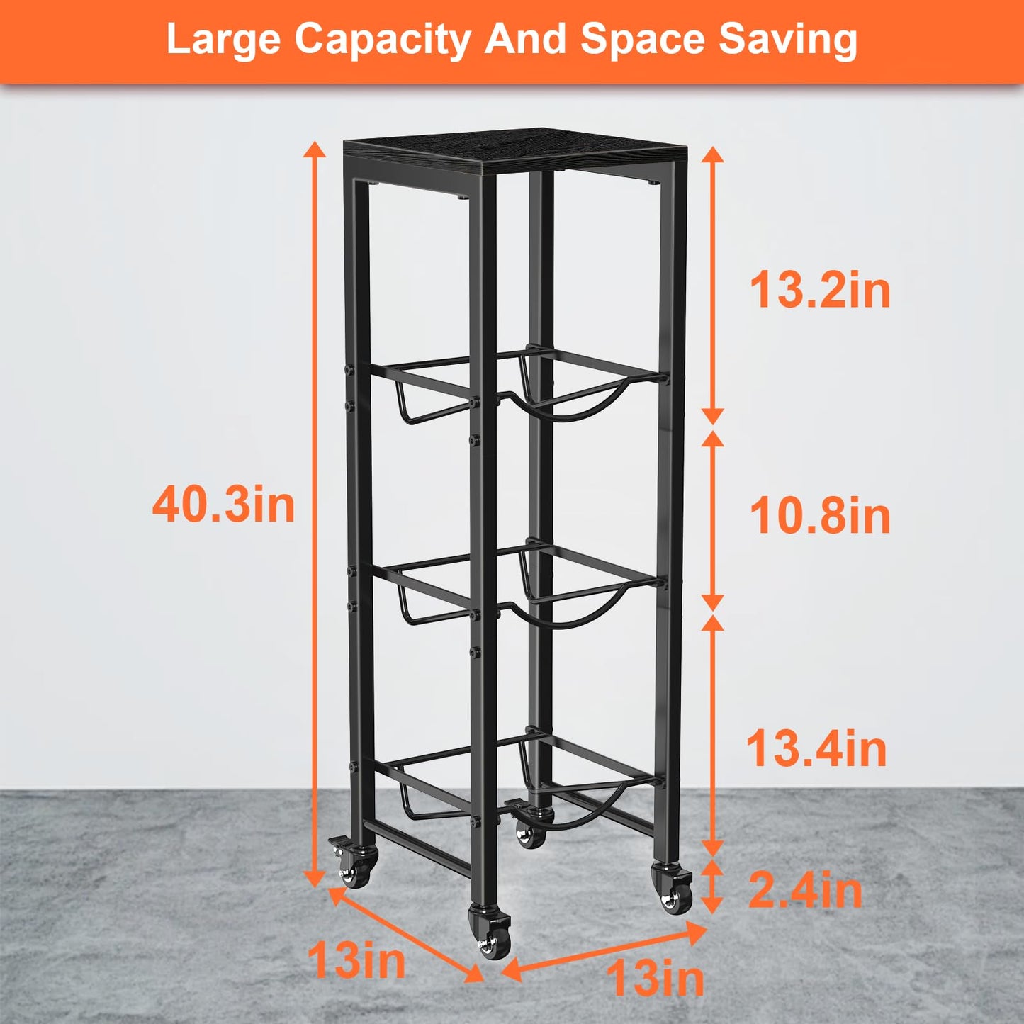 5 Gallon Water Bottle Jug Holder 3-Tier Organizer with Lockable Casters Heavy Duty Storage Rack Dispenser Stand With Wood Top Shelf for Kitchen Office Garage Black