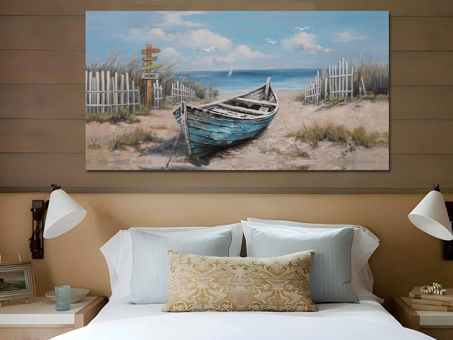 Ardemy Blue Coastal Wall Art Textured Beach Painting Turquoise Teal Sea Shore Picture Modern Boat Artwork Framed Living Room Bedroom Kitchen Bathroom Dinning Room Home Office Wall Decor Large 48"x24"