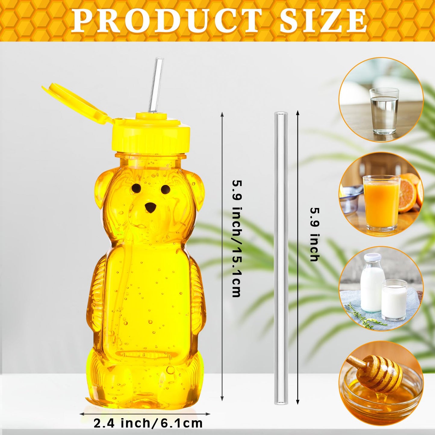 Thenshop 32 Pack Honey Bear Bottle with Straws Empty Plastic Cup Honey Jar Containers Bear Shaped Squeeze Bottle Storing and Dispensing Yellow Flip Top Lid Assistive Cups(8oz)