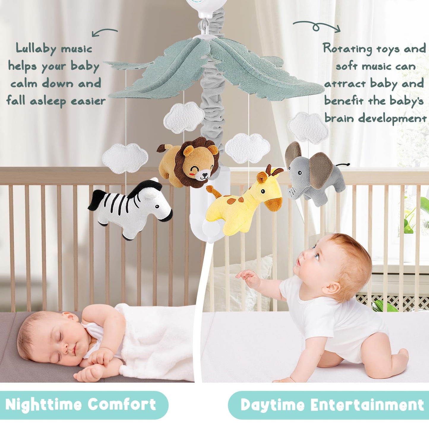 PIIKAGO Animals Crib Mobile for Boys & Girls - Safari Baby Mobile for Crib with Upgraded 3-Mode Music Box, Fits Standard Cribs, Nursery Mobiles