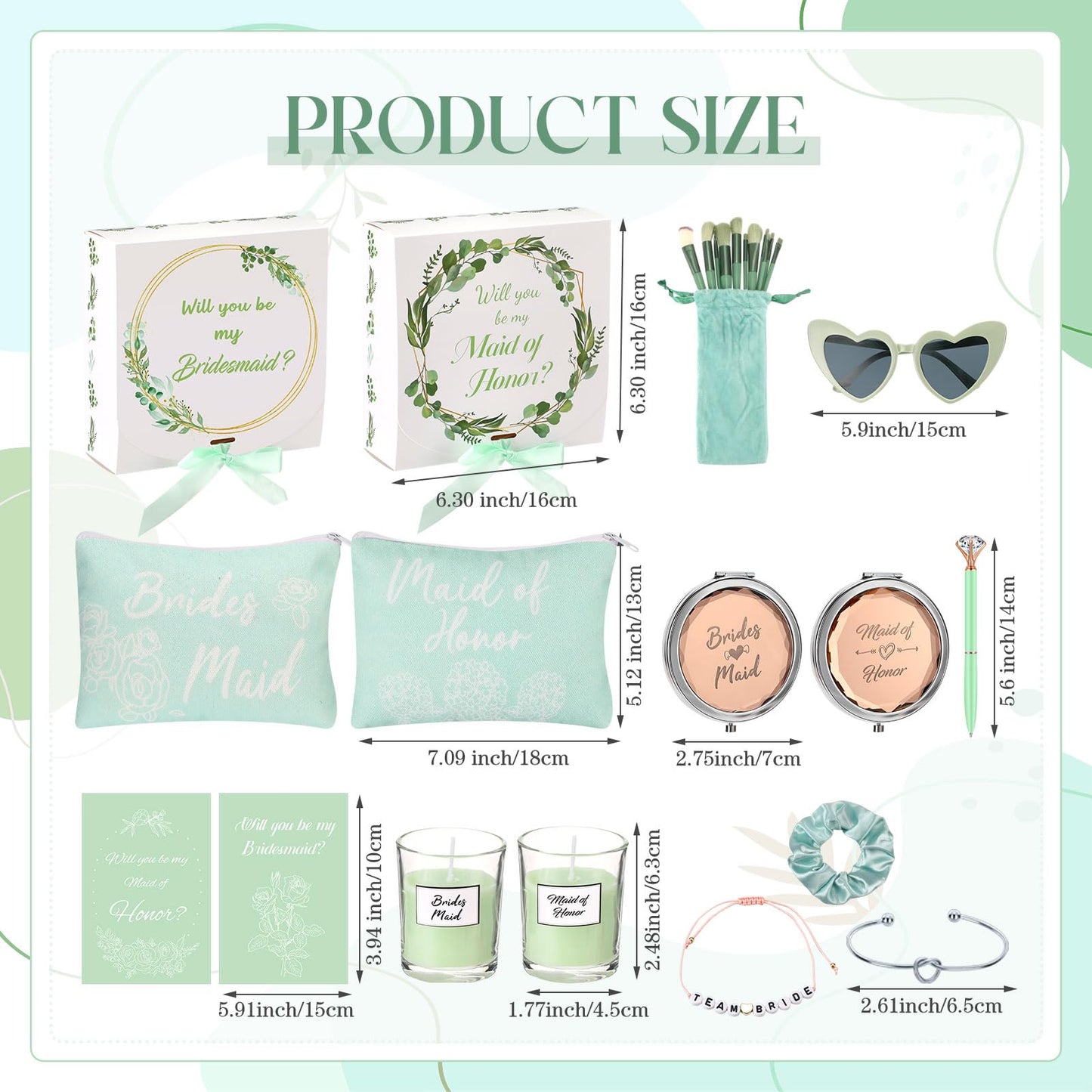 Nuogo 88 Pcs Bridesmaid Proposal Gifts Maid of Honor Gift Bridal Shower Gifts Cosmetic Makeup Bags Invited Cards Knotted Bracelets Scrunchies Hair Diamond Pens Favors for Wedding(Green, Modern)