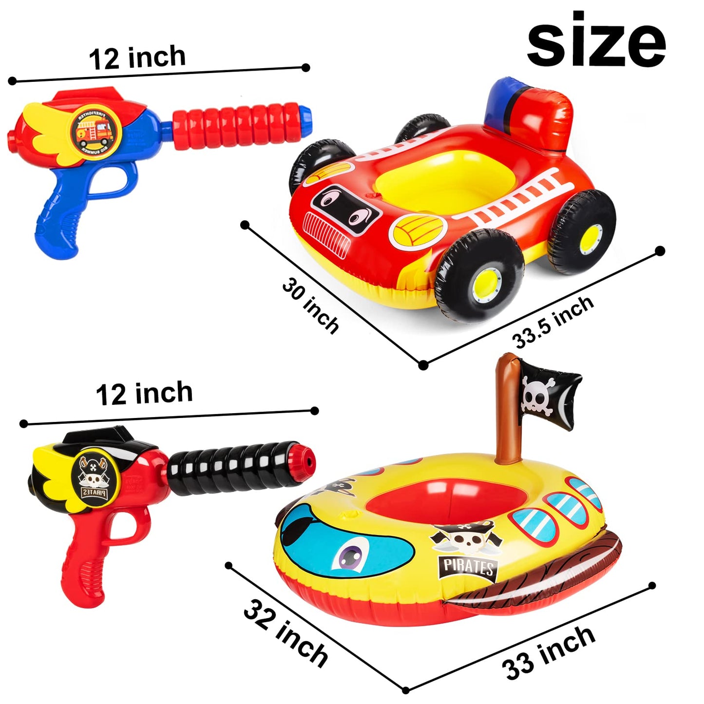 2 Pack Inflatable Kids Pool Floats with Water Gun, Pool Toys for Kids Ages 4-8, Blow Up Pool Floats Kids, Toddlers Swimming Pool Game Toys, Firetruck and Pirate Ship Floaties for Boys Girls and Child