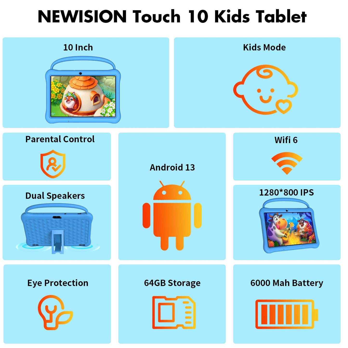 NEWISION 10 inch Kids Tablet, Android 13 Tabletas for Kids 2GB+64GB, Toddler Tablets with Case, 6000mAh, Bluetooth 5.0, WiFi,iWawa Pre Installed, Parental Control,Educational Games(Blue)