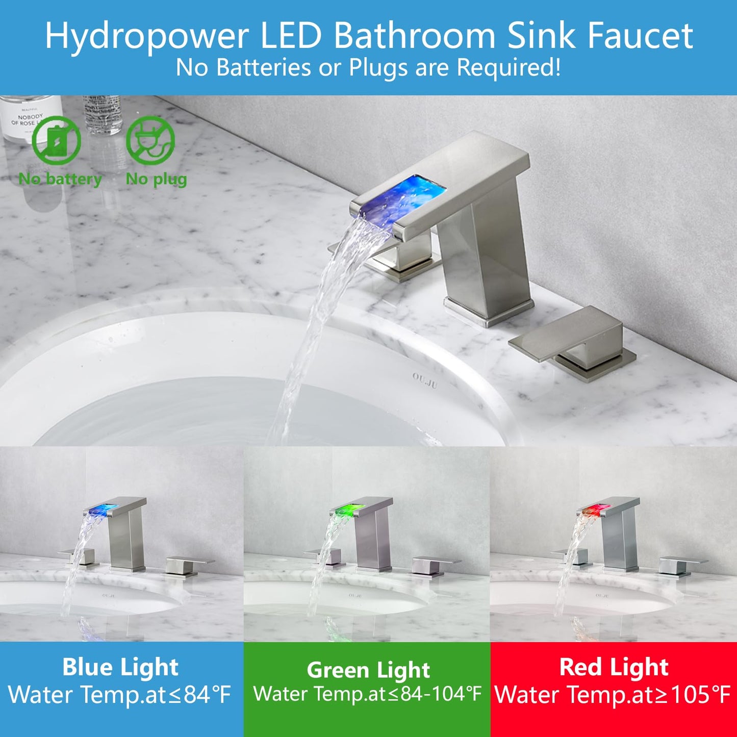 Kyatinsal LED Light Widespread Faucet for 3 Hole Brushed Nickel, 8 inch Widespread Modern Waterfall Bathroom Faucet with Pop Up Drain and Supply Hose, Waterfall Bathroom Sink Faucet Vanity Faucet