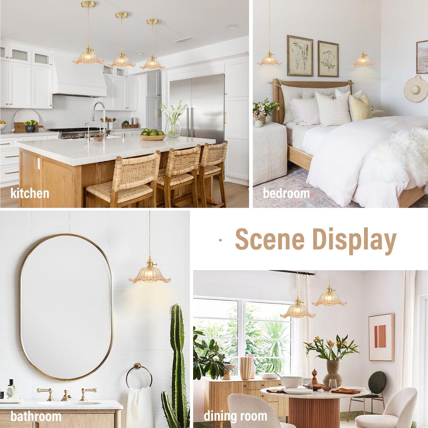 Vintage Pendant Lights Kitchen Island 3 Pack, Adjustable Pendant Light Fixtures with Amber Lily Glass Lampshade, Gold Kitchen Pendant Lighting Over Island, Pendant Light for Dining Room Hallway