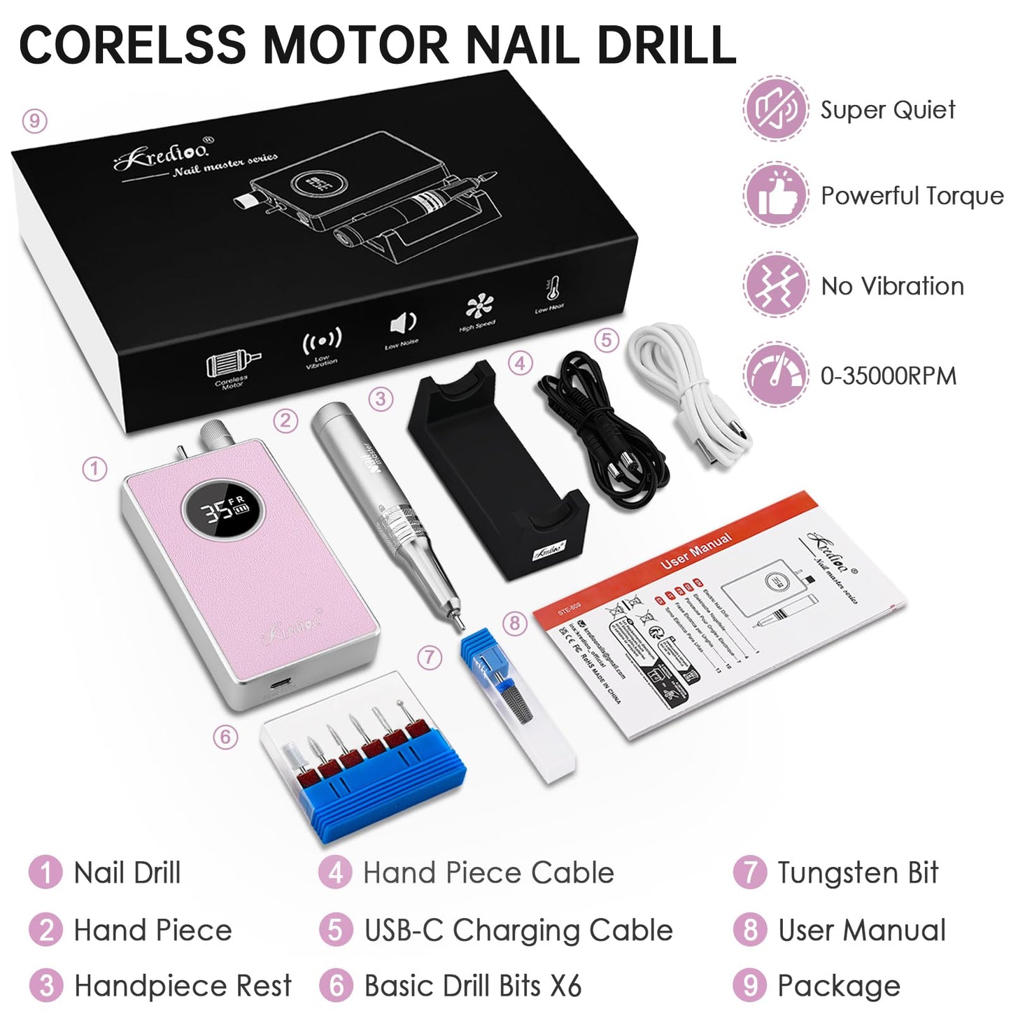 Kredioo Nail Drill Professional Super Quiet with Coreless Motor 35000RPM Electric File 6+1 Tungsten Bits Kit Portable Strong Drill para uñas Profesional Remove Acrylic Nails Dip Powder-Pink