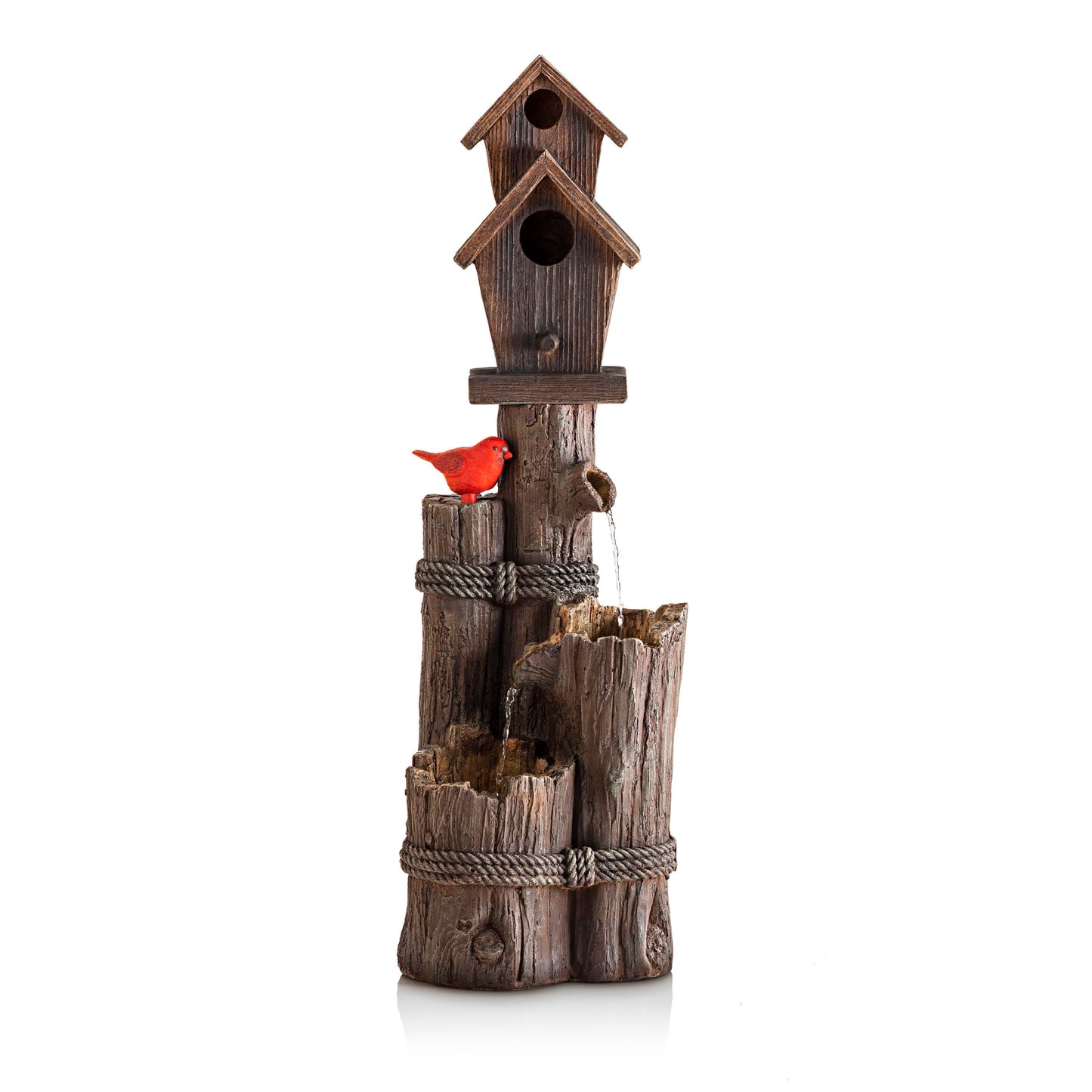 Alpine Corporation WCT1002 35" Tall Outdoor 3-Tier Birdhouse Water Fountain with Cardinal Accent, Rustic Floor Decor for Garden and Patio, Brown
