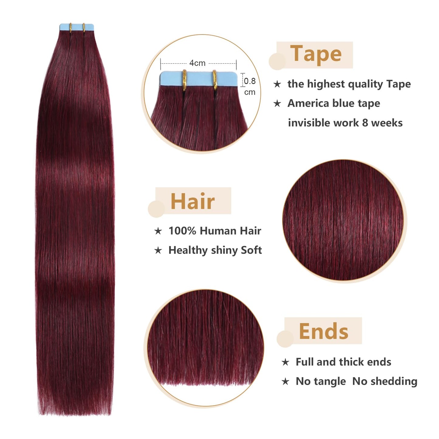 YILITE 99J Tape in Hair Extensions Human Hair 22inch 50g 20Pcs Red Tape in Hair Extensions Remy Human Hair,Seamless Skin Weft 99J Tape ins (22inch 99J)