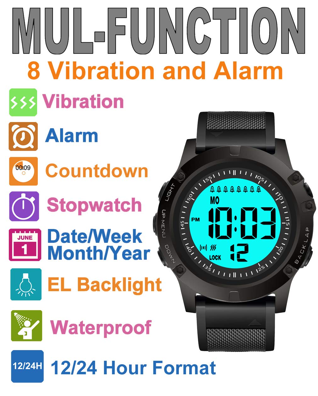 TICCI Men 8 Vibrating Alarms Watch Medication Aids Vibra Pill Alert Reminder for Elderly Seniors Big Digits Waterproof (Black)