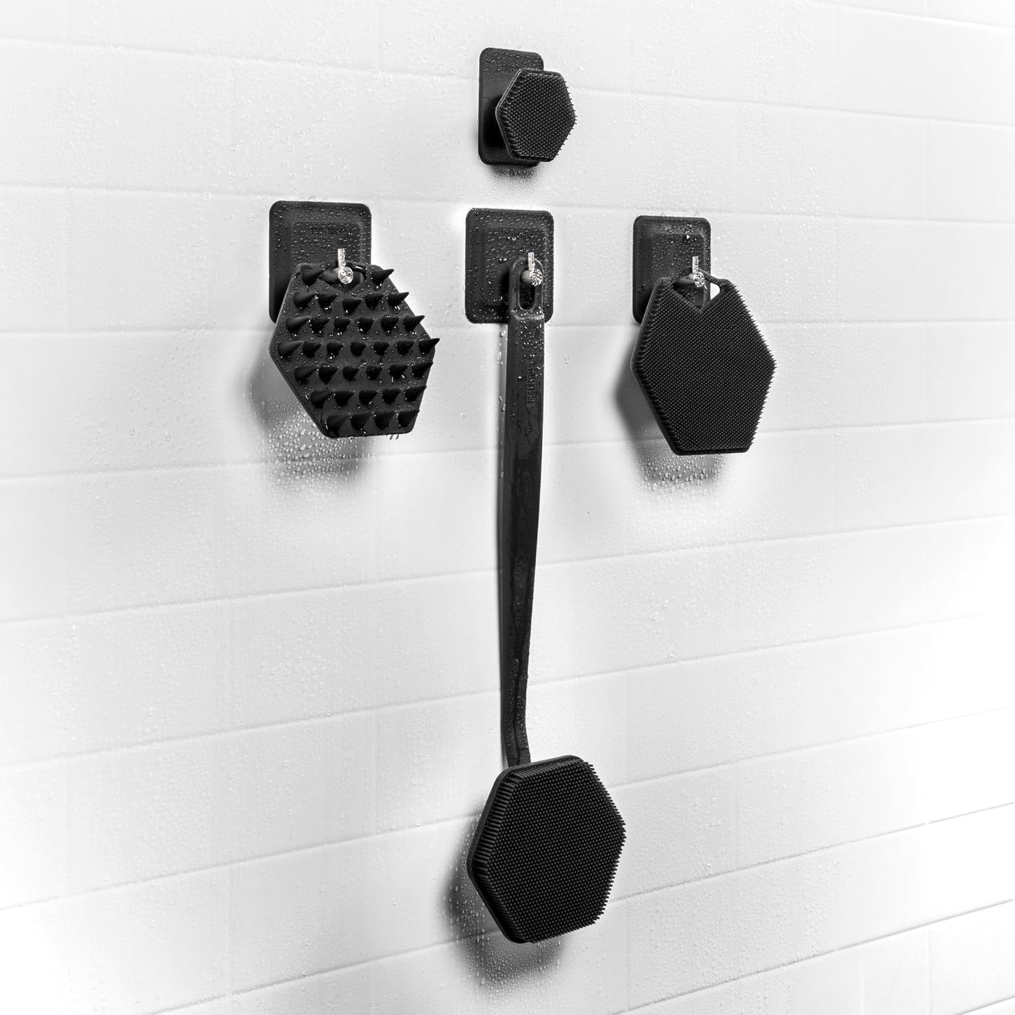 Tooletries - The Scrub King - Men's Silicone Body and Face Scrubber Set - Back Scrubber for Shower, Body Scrubbers, Storage Hooks, & Face Brush Holder - Shower Accessories for Men - Charcoal