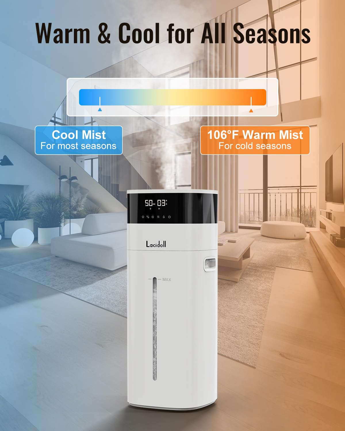 LACIDOLL Humidifier Large Room 5.3Gal/20L - Cool and Warm Mist Humidifiers for Home 2000 sq ft, Air Humidifiers for Bedroom with Diffuser&Extended Tube, Whole House Humidifiers for Nursery Baby Plants