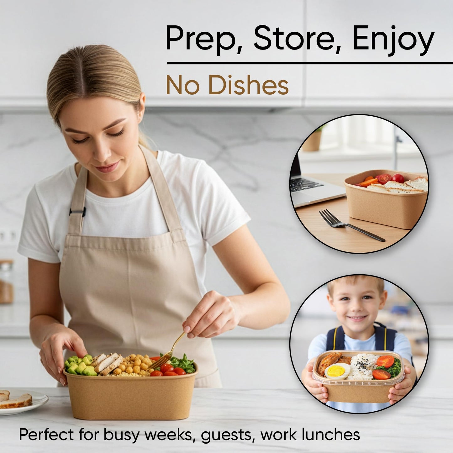 Leafiew 50 Pack 29Oz Disposable Meal Prep Containers With Lids - Microwave and Freezer Safe Kraft Paper Bowls with Lids and Forks - Disposable Food Containers - To Go Bowls for Food Prep and Salad
