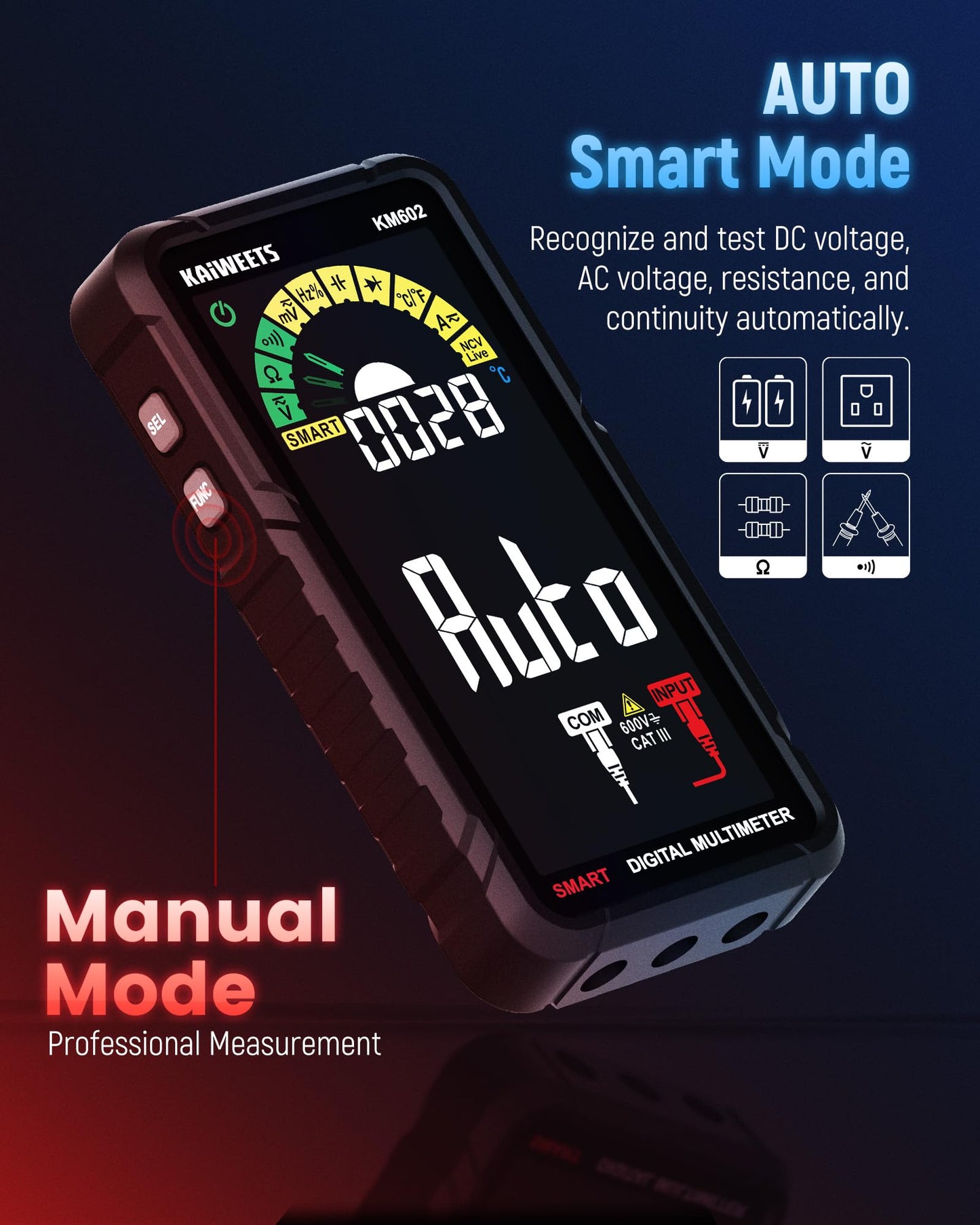 KAIWEETS Smart Multimeter Rechargeable Electrical Tester with Auto Ranging Digital Voltmeter Measures Voltage Current Resistance Continuity Capacitance Temperature Frequency NCV 6000 Counts TRMS