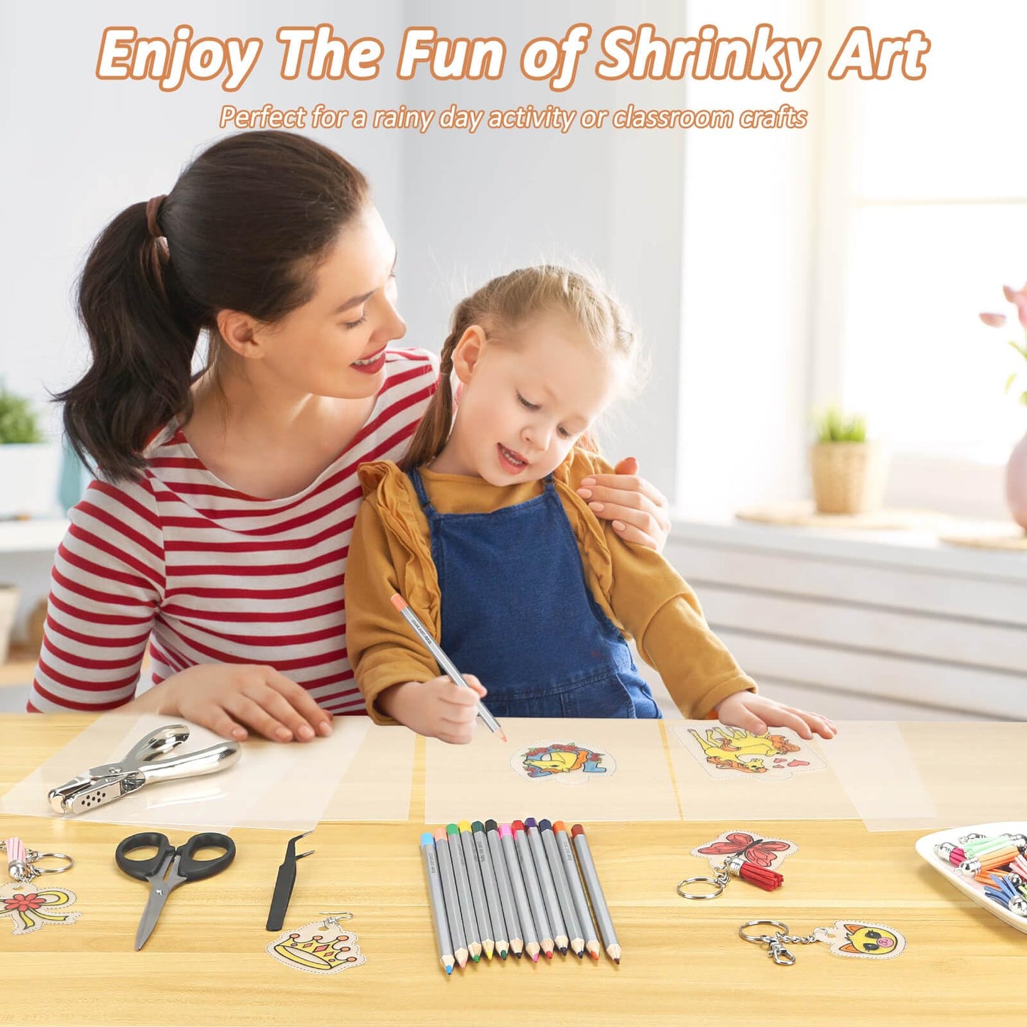 shynek 300 Pieces Shrinky Plastic Sheets Keychain kit, Including Shrinky Paper, Colored Pencils, Tassels, Keychains, Hair Clips, Hole Punch for Creative Crafts
