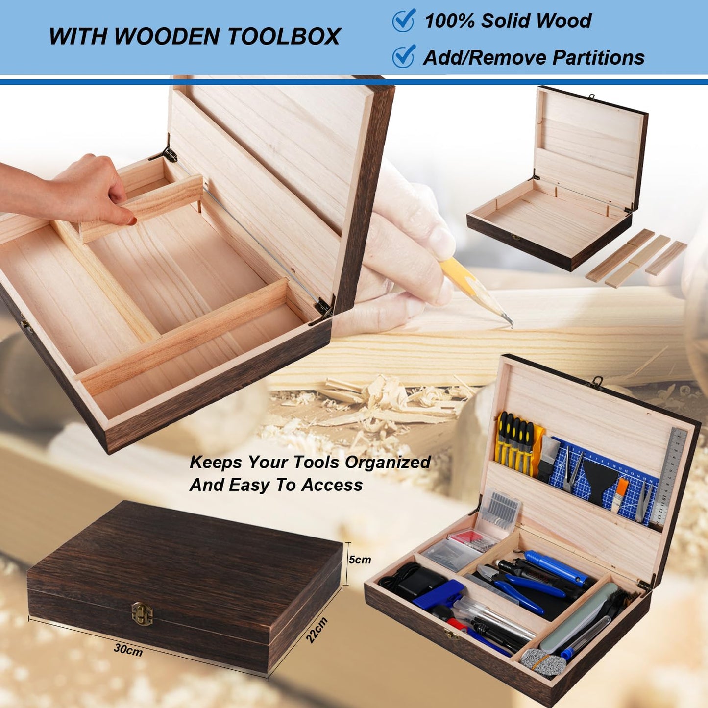 AEORUM 3D Printing Tool Kits for 3D Printer with Wood Toolbox 124Pcs 3D Printing Accessory Includes Deburring Tool,Sanding Pens, Tube Cutter for 3D Print Model Removing, Cleaning, Finishing