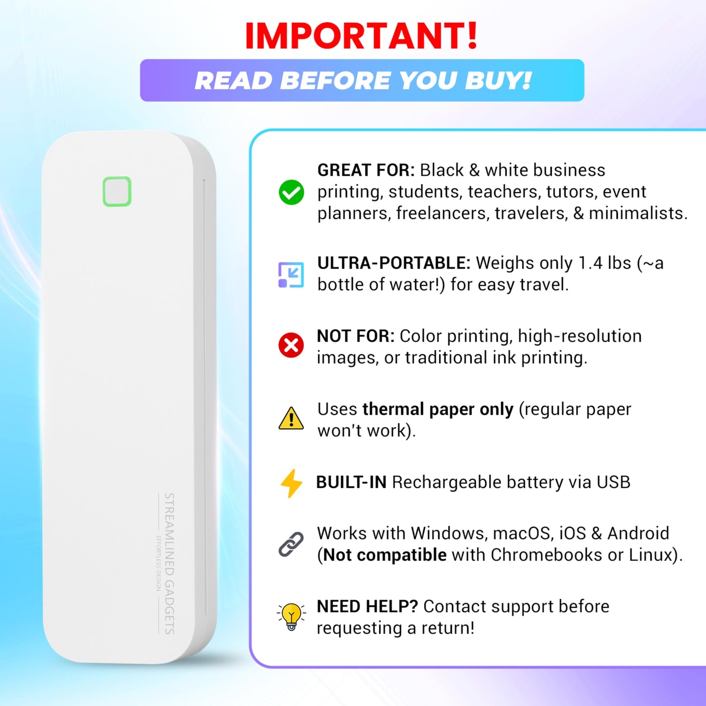 2025 Inkless Portable Printer Wireless for Travel, Bluetooth Thermal Printer Supports 8.5x11 US Letter, Compatible with iOS, Android, MAC, Windows for Office, Car and Home, w/Case+ 3 thermal rolls Kit