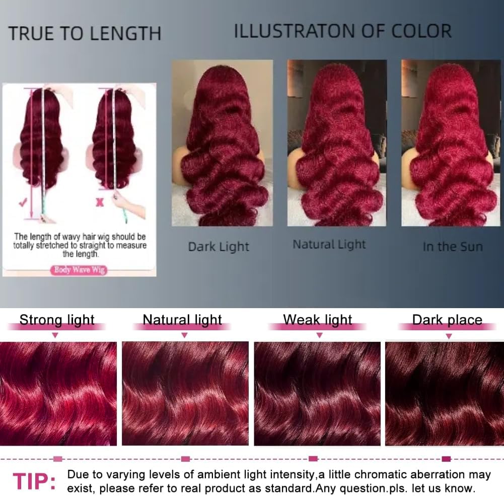 9X6 Wear and Go Glueless Wigs Human Hair Body Wave 200% Density HD Lace Front Wigs Human Hair Cherry Red Colored Brazilian Pre Plucked Pre Cut 99J Burgundy Ready to Wear Glueless Wigs (22 Inch)