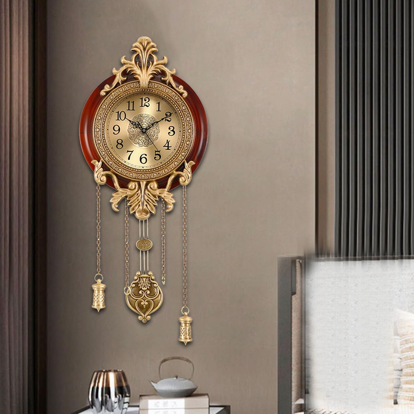 Aero Snail Brown Vintage Pendulum Wall Clock, Solid Wood Hanging Clock, Silent Non Ticking Quartz Movement, Analog Watch for Home Office Kitchen Classroom, W205BX14
