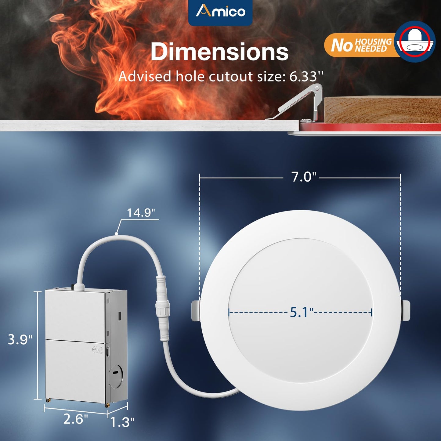Amico 6 Pack 6 Inch Fire Rated LED Recessed Light with Junction Box, 2 Hour Fire Rating, 5CCT Selectable Ultra-Thin Ceiling Light, 1400LM, Dimmable Canless Wafer Downlight, ETL & FCC, No Tenmat Needed