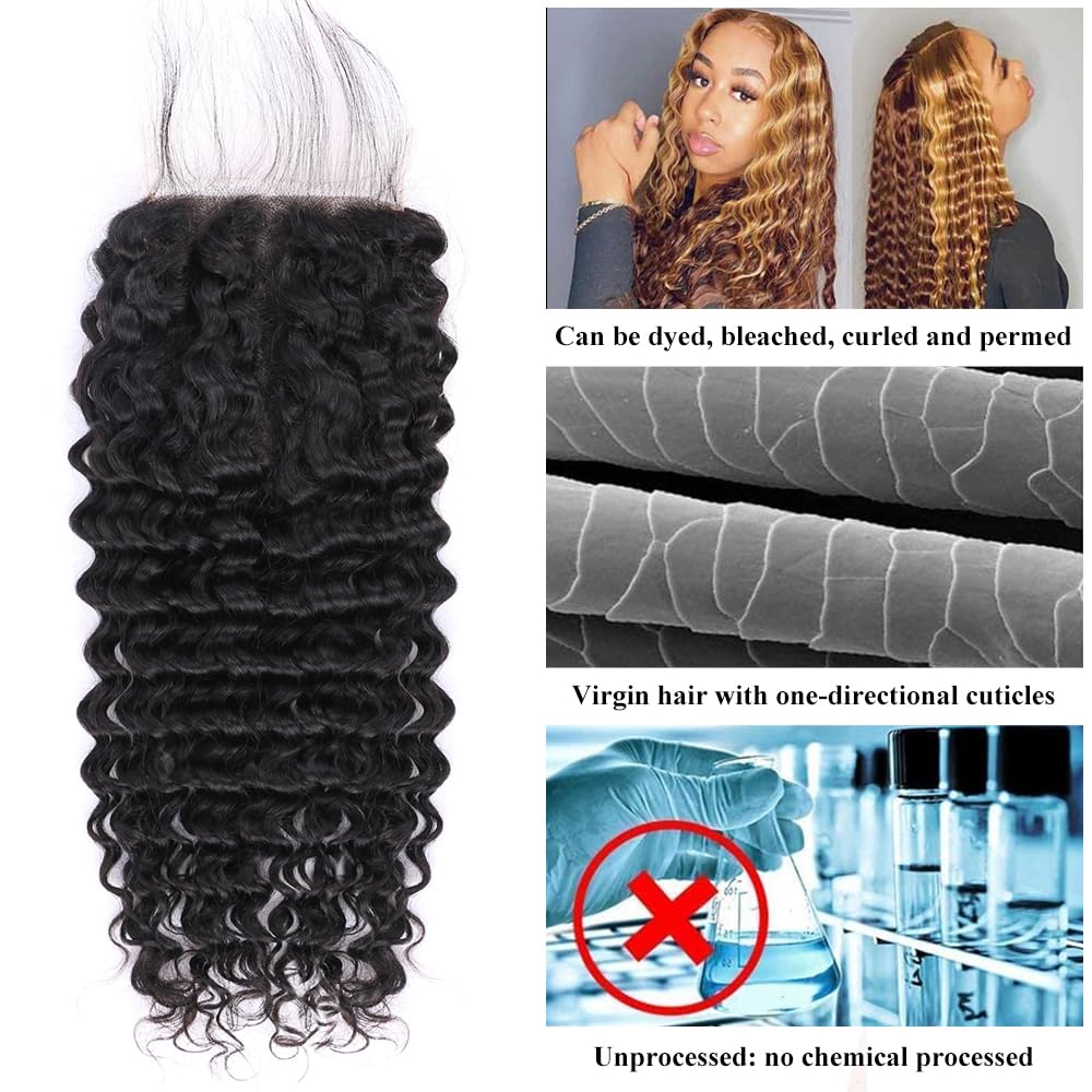 5x5 HD Lace Deep Wave Ultra-thin Transparent Lace Closure 12A Brazilian Virgin Human Hair Closure Free Part Pre Plucked with Baby Hair Natural Black 16 Inch