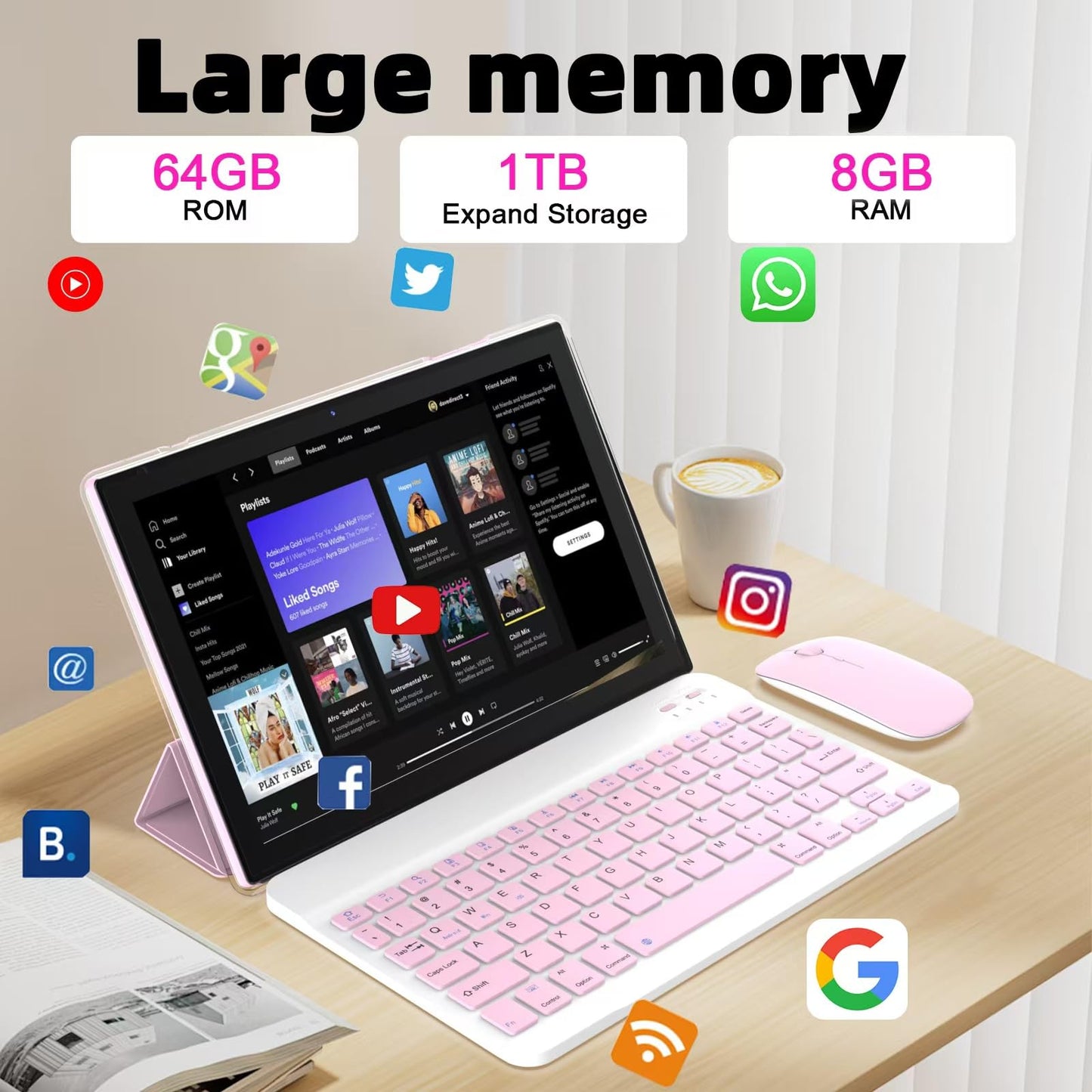 Android 14 Tablet, 10 inch Tablets with Keyboard, 8GB RAM+64GB ROM+1TB Expandable Tablet, 1.8Ghz Quad-Core Processor, Case/ Mouse/ Stylus/ 8MP Camera/ 6000mAh Battery/ 1280x800 HD Touch Screen Tablet