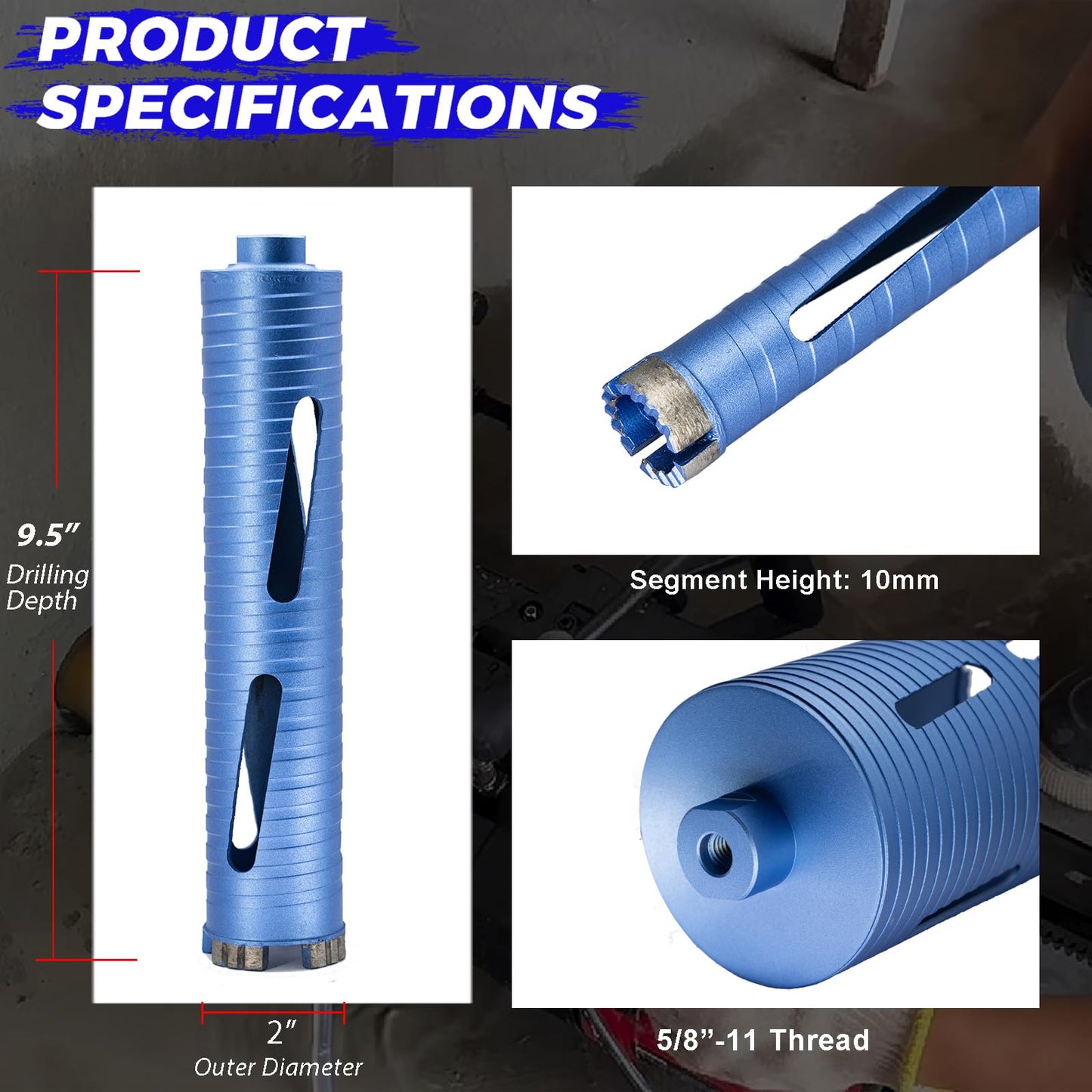 DaduoRi 2" Dry Core Drill Bit for Brick and Block with 3 Adapters Included: SDS Plus, SDS Max and 1/2" Hex Shank, 9.5" Drilling Depth Core Bits for Concrete, Brick, Masonry, 5/8"-11 Thread