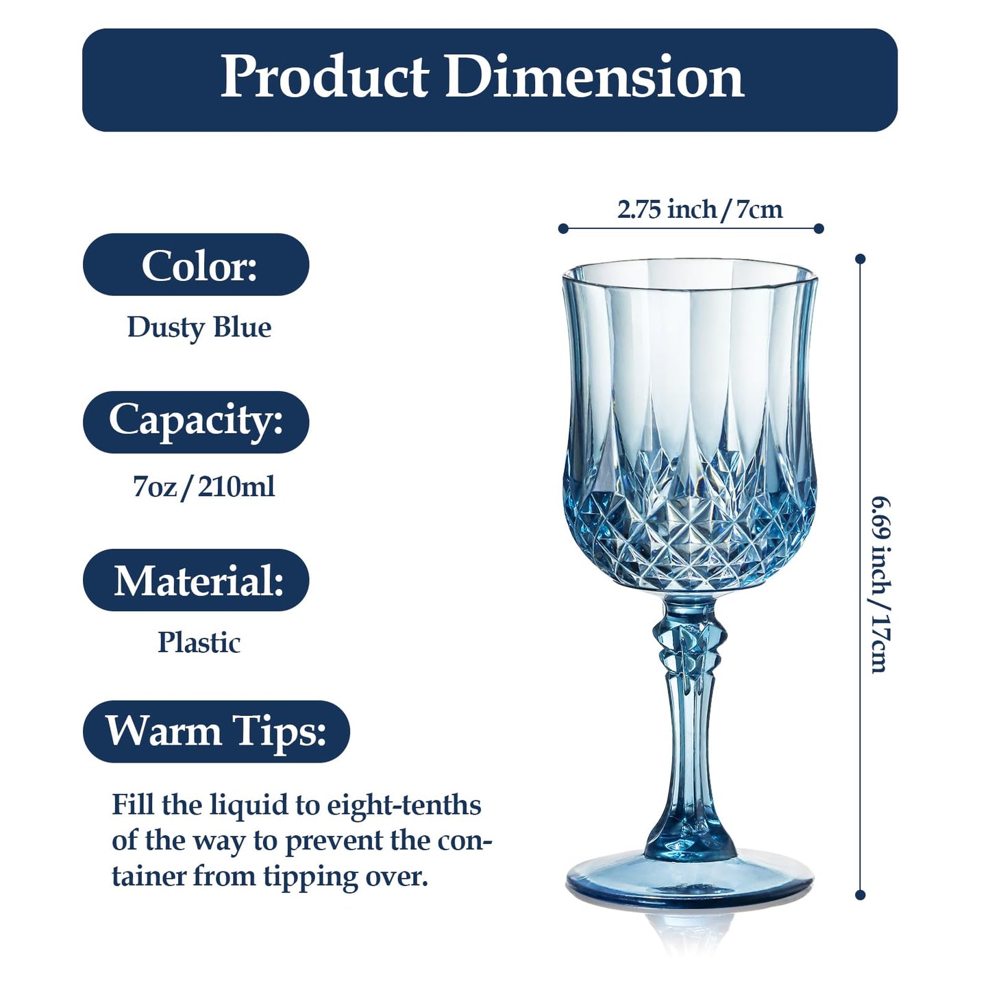 XUWAIDSGN 24 Pcs 7oz Plastic Vintage Wine Glasses Drinking Glasses Unbreakable Wedding Glassware Crystal Water Goblets Reusable Drinkware Vintage Champagne Flutes (24, Blue)
