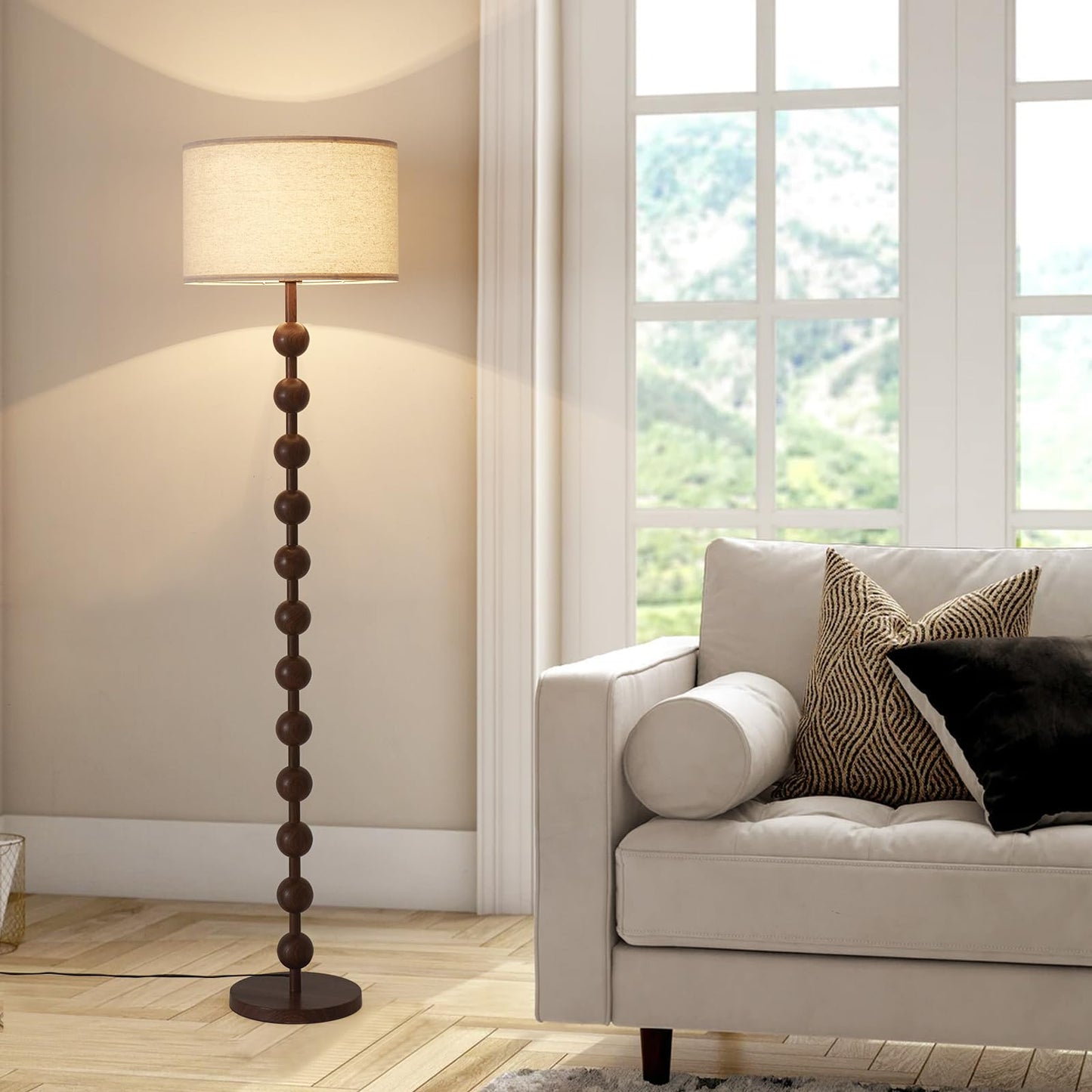 Fetason Modern Dimmable Floor Lamp with Remote Control for Living Room Bedroom, Red Wood Pattern Tall Standing Lamp Light for Home Office Dining Room with Fabric Shade