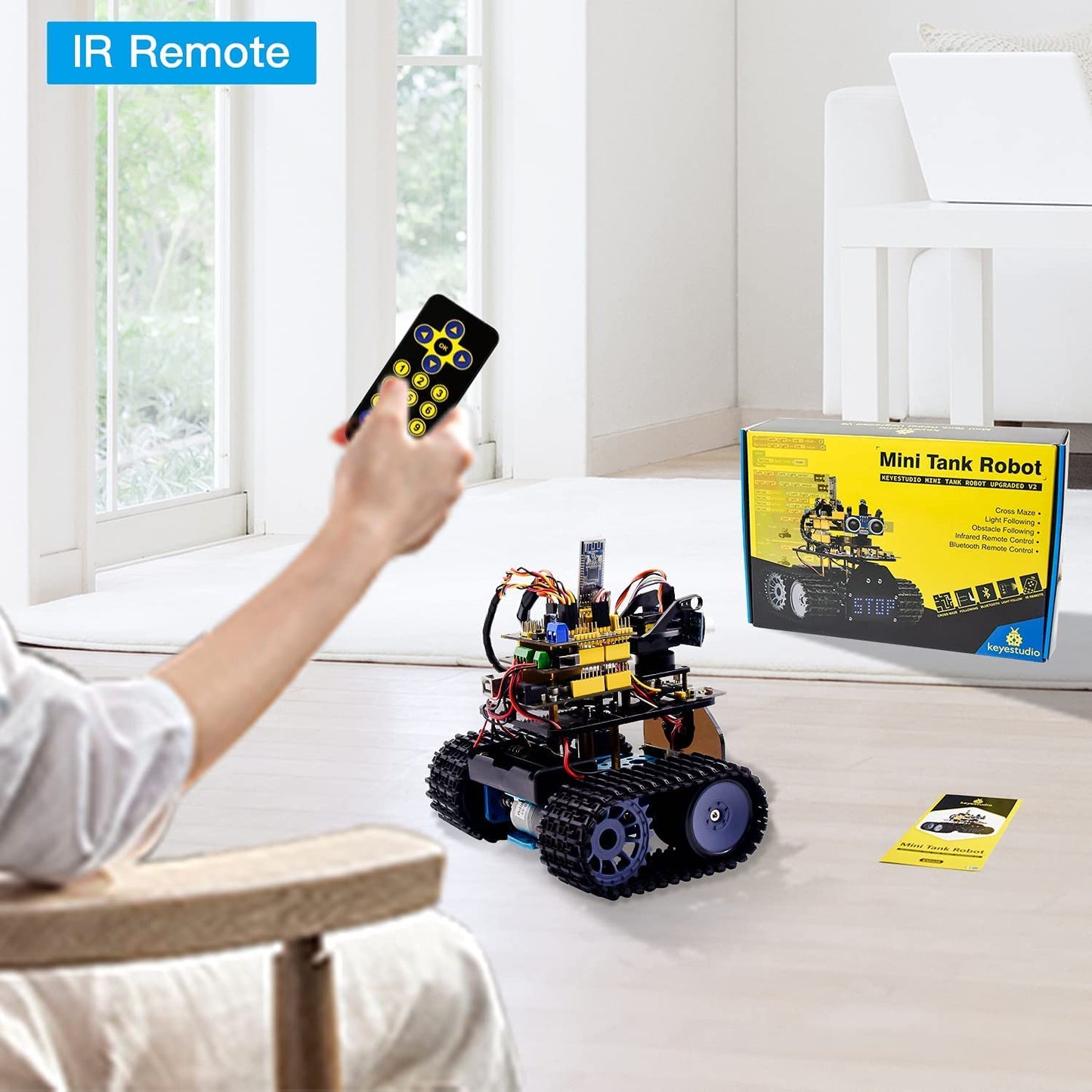 KEYESTUDIO Mini Tank Robot V2 Smart Car Kit for Arduino, IR Infrared and App Remote Control (iOS and Android), Light and Ultrasonic Follow, 8X16 LED Panel, Ultrasonic Obstacle Avoidance,15+
