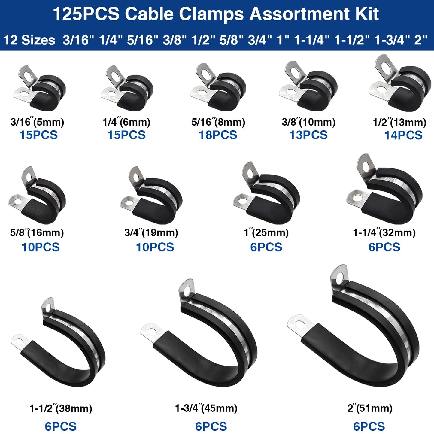 Taiss 125PCS Cable Clamps 304 Stainless Steel Rubber Cushion Pipe Clamps Assortment Kit,12 Sizes 3/16" 1/4" 5/16" 3/8" 1/2" 5/8" 3/4" 1" 1-1/4" 1-1/2" 1-3/4" 2" Wire Clamps With Portable Handheld Box