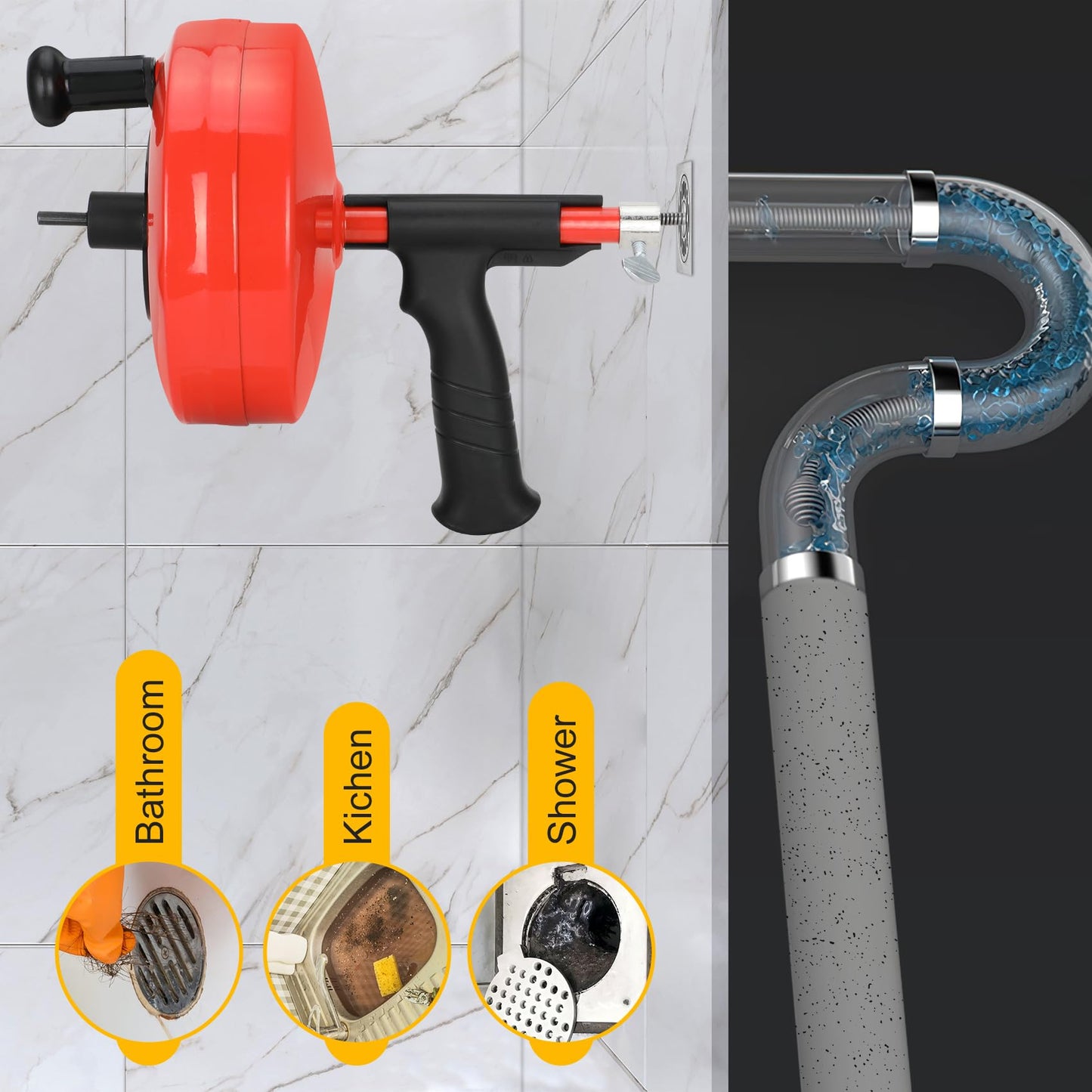 50 Ft Drain Auger,Use Manually or Drill Powered 50 Foot Drain Snake,Heavy Duty Flexible Plumbing Snake,With Gloves and Storage Bag,for Kitchen Sink, Shower Drain