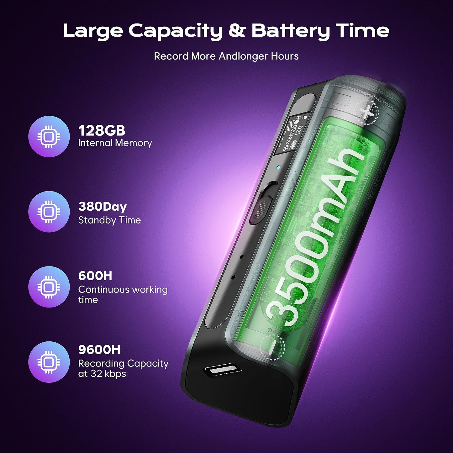 128GB(9800 Hour) Magnetic Voice Recorder with AI Triple Noise Reductio, 30 Days Continuous Recording Device, Voice Activated Recorder with Screen Display, Digital Voice Recorder for Meetings/Lectures