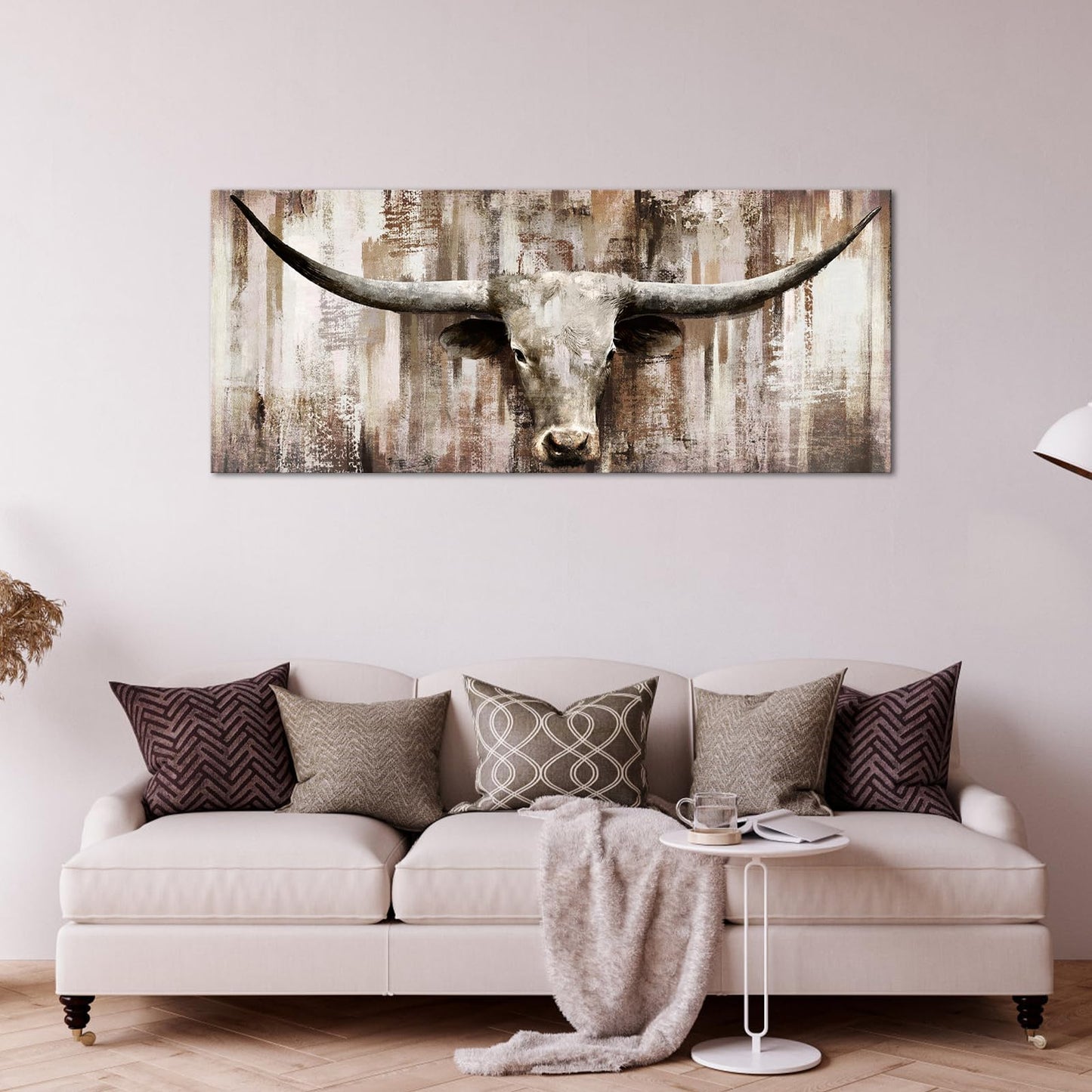 LevvArts Large Size Longhorn Cow Canvas Wall Art Western Cattle Painting Artwork Rustic Farmhouse Decorations Man Cave Home Office Decor 20"x48"