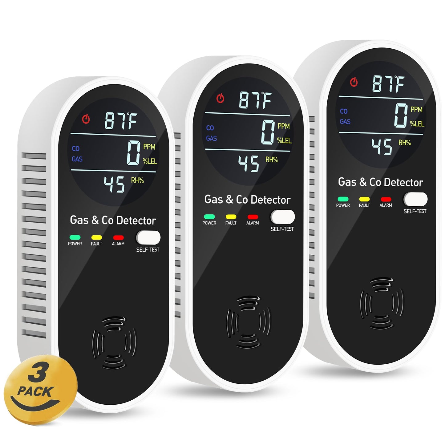 4-in-1 Portable Carbon Monoxide Detectors Plug-in – Natural Gas Leak Detector, Methane & CO Alarm with Dual Sensor, Temperature & Humidity Display for Home, RV, Travel, 3 Pack